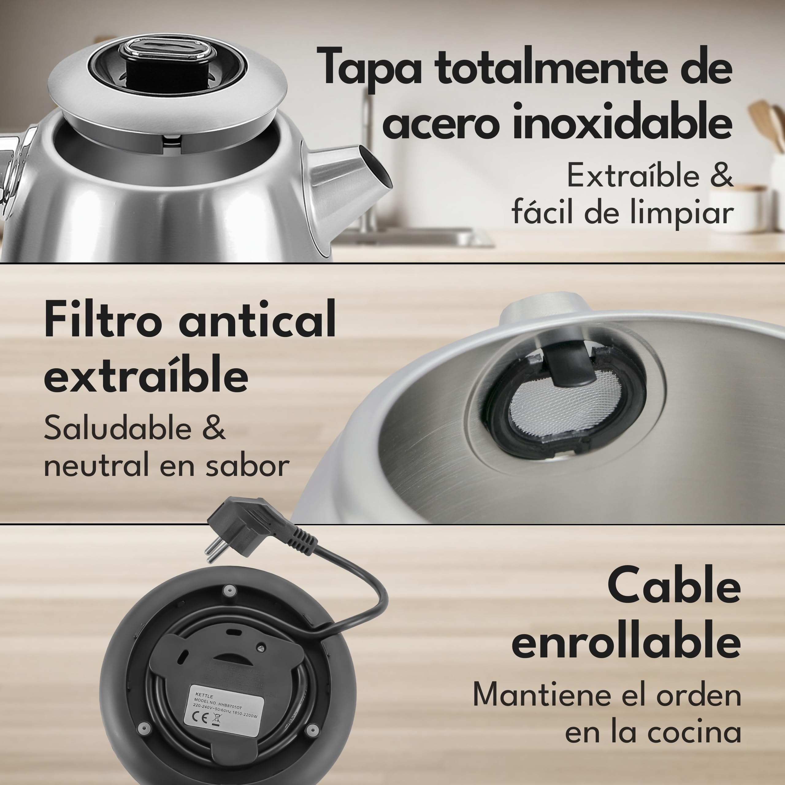 LEBENLANG Hervidor de agua de acero inoxidable con ajuste de temperatura - silencioso, con indicación de temperatura y función de mantenimiento del calor - 1,7l y 2200W | Hervidor de agua eléctrico | Silencioso, con indicación de temperatura y función de