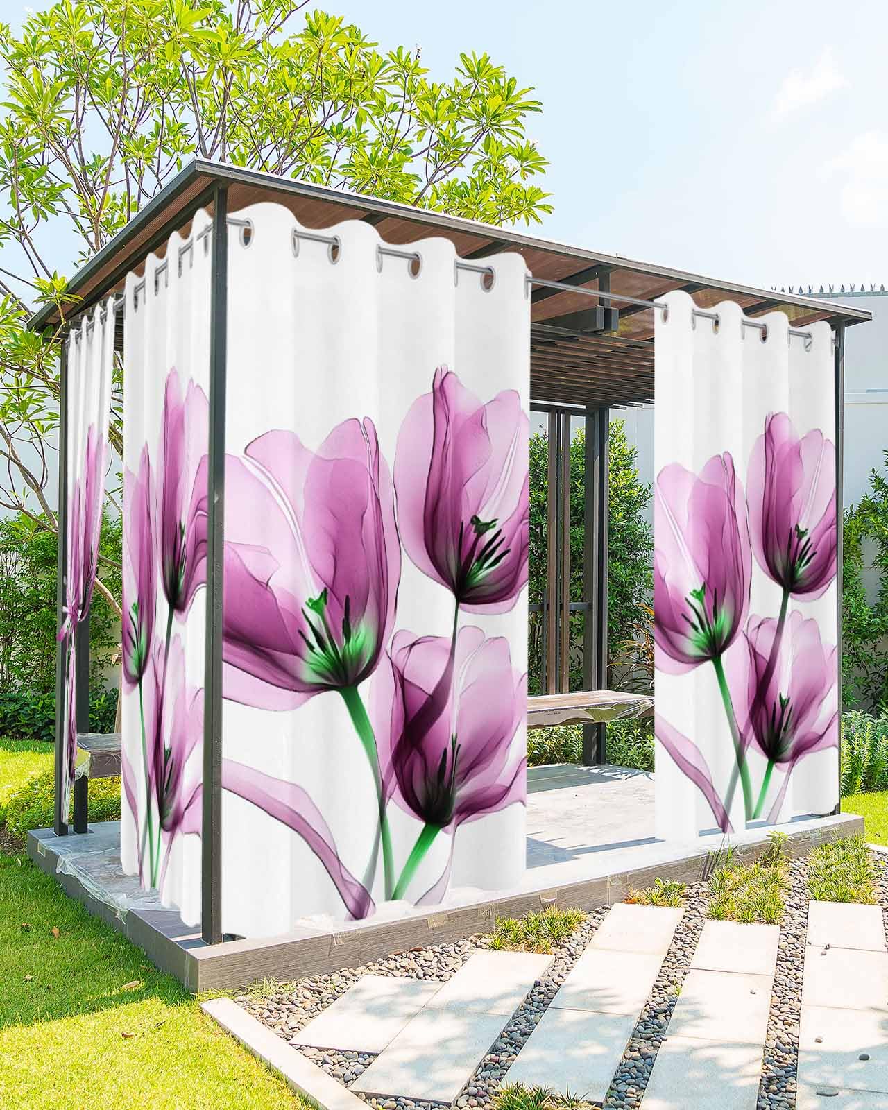 Ukaaqara Outdoor Curtains for Patio Waterproof, Ray Tulip Transparent Pink Flowers Grommet Curtains for Porch Outside Privacy Drape for Gazebo Garden Pergola, 2 Panels, 54x95in