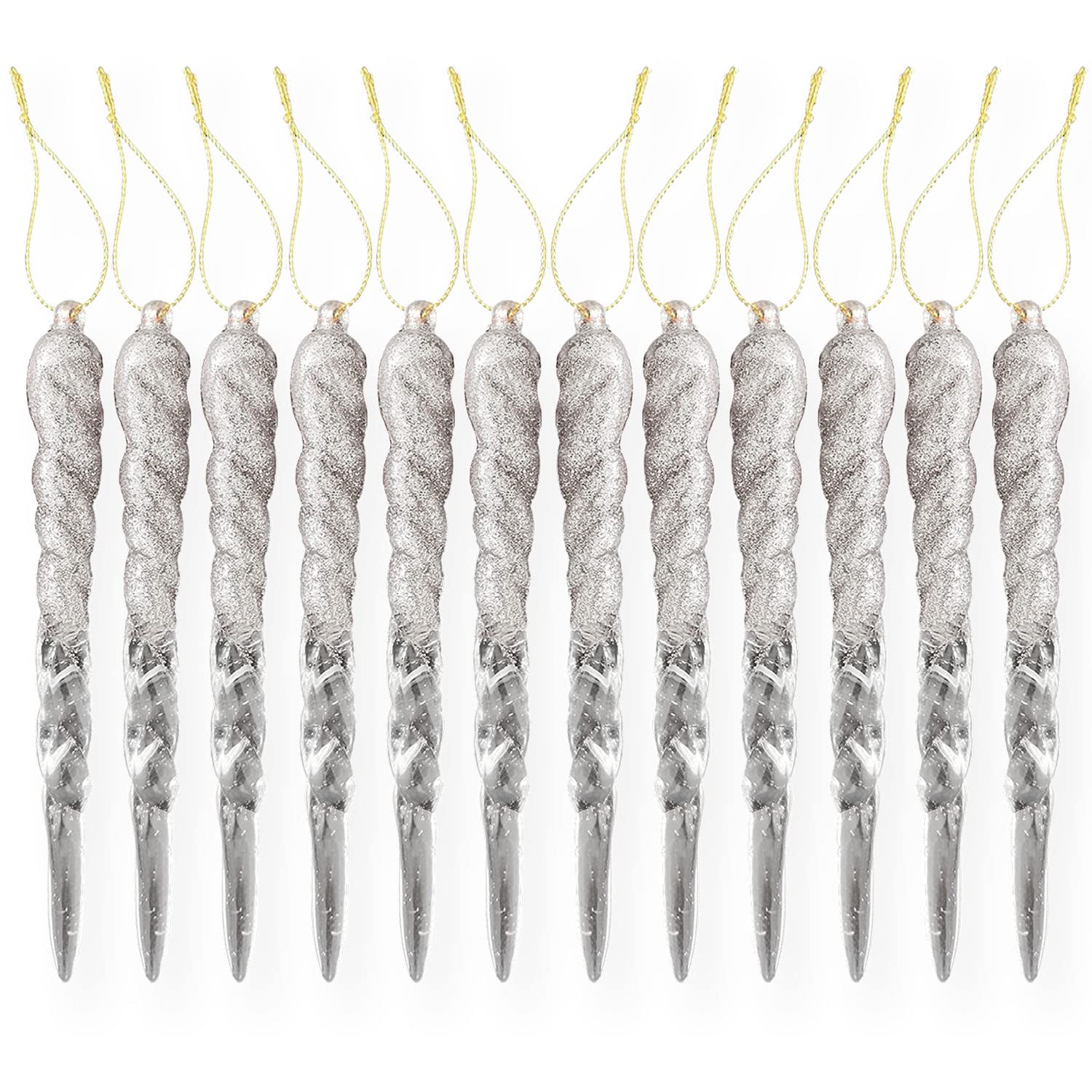 AKH® 13CM / 5" Christmas Hanging Icicles | Icicles Ornaments Bubbles | Pack of 12 | Glitter Baubles (Silver)