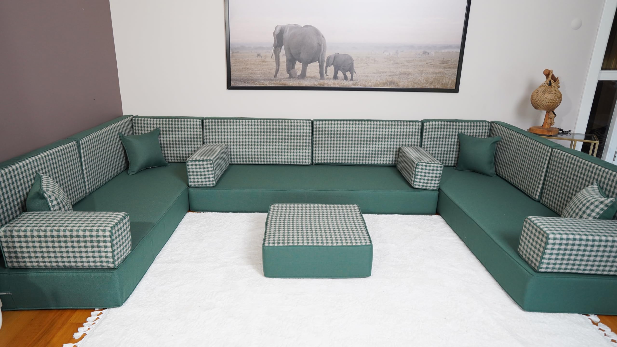 Arabic Floor Cushion, Majlis Sofa, Bench Cushion, Moroccan Sofa Set, Turkish Floor Sofa, Floor Seating, Sofa Set Living Room, Diwan Sofa (8'' Thickness Sofa, U Sofa + Ottoman, Green)