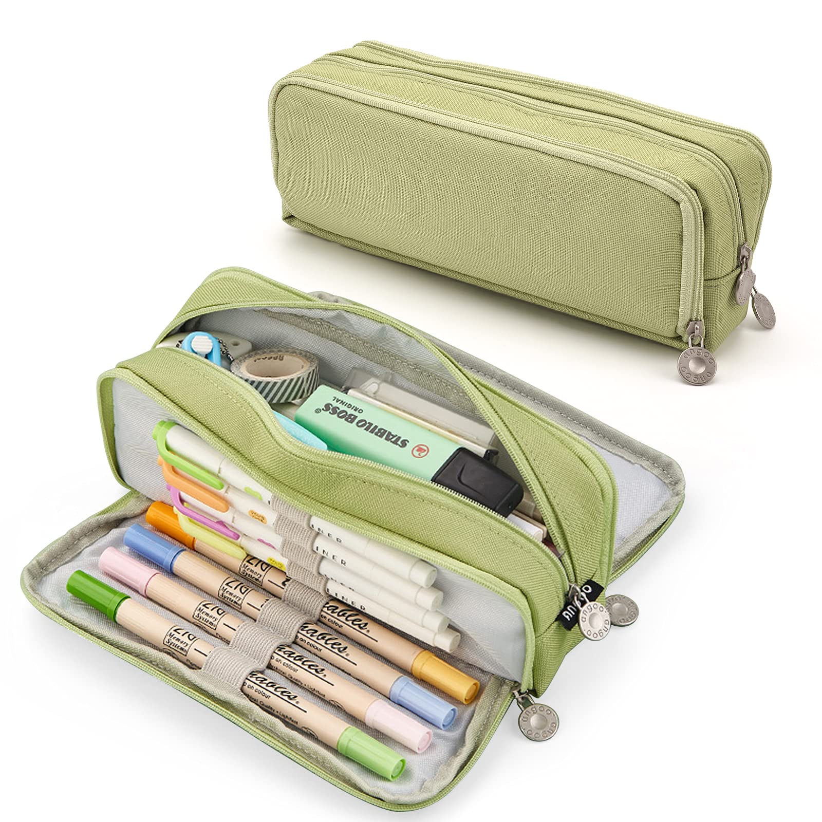 TOYESSLarge Pencil Case for Girls, School Supplies Pencil Cases with 3 Compartments for Boys and Kids, Big Pencil Bag for Office Supplies, Green