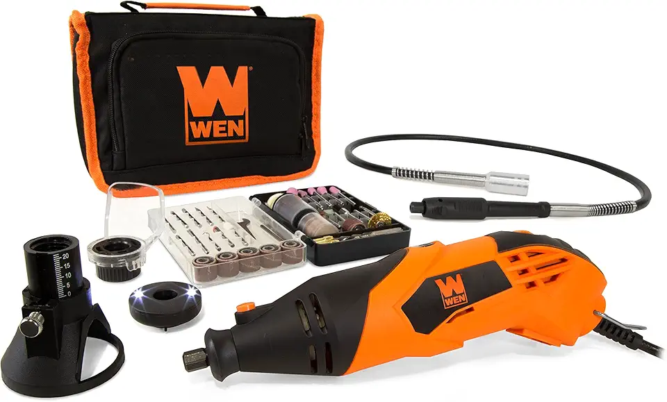 WEN 23114 1.4-Amp High-Powered Variable Speed Rotary Tool with Cutting Guide, LED Collar, 100+ Accessories, Carrying Case and Flex Shaft