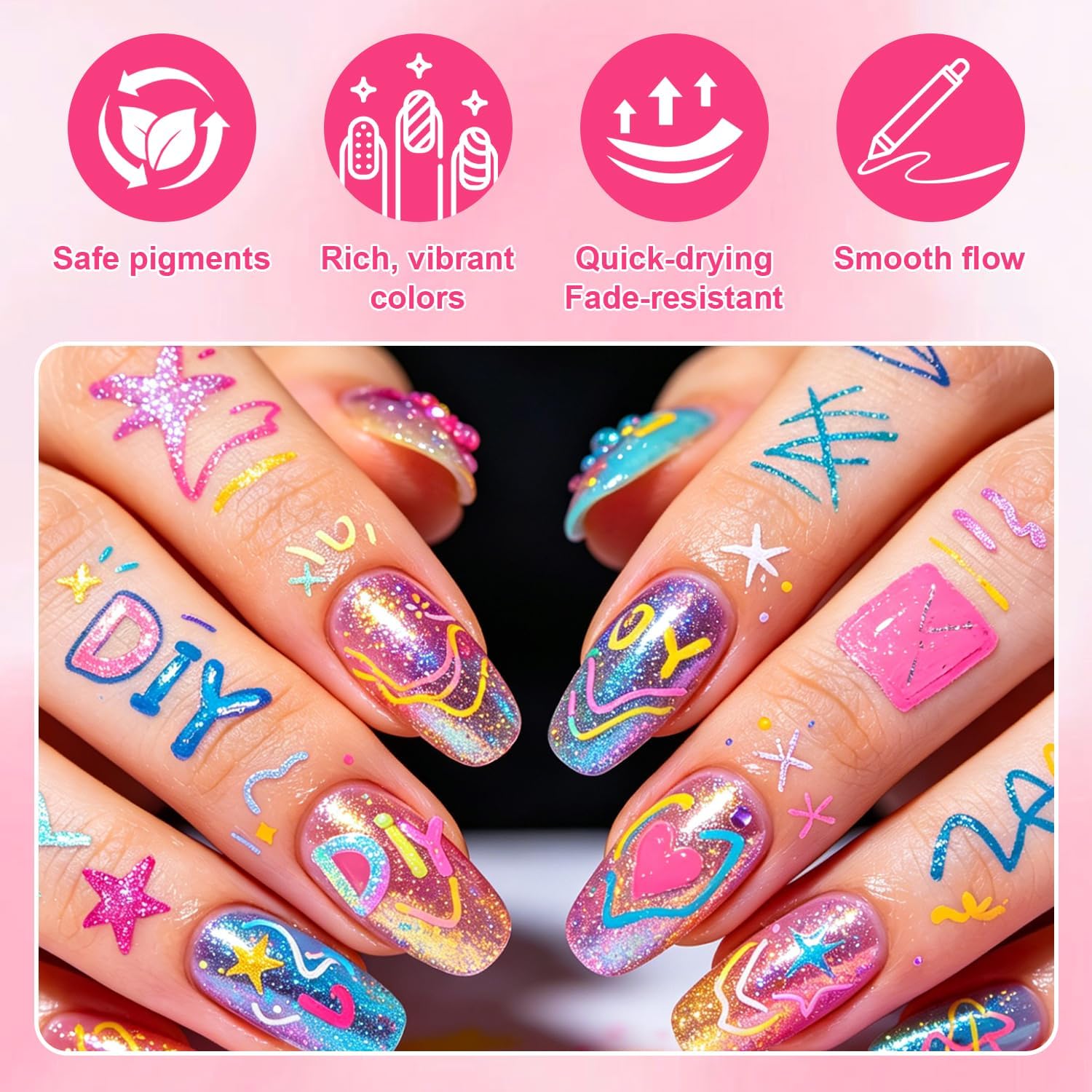 WEEMAY 12 Colors Nail Art Pens Set, 3D Glitter Marker Pen Set for Kids Nail Art, Quick-Drying 0.7mm Fine Line Nail Polish Pens for DIY Nail Design, Home & Salon Manicure Tools