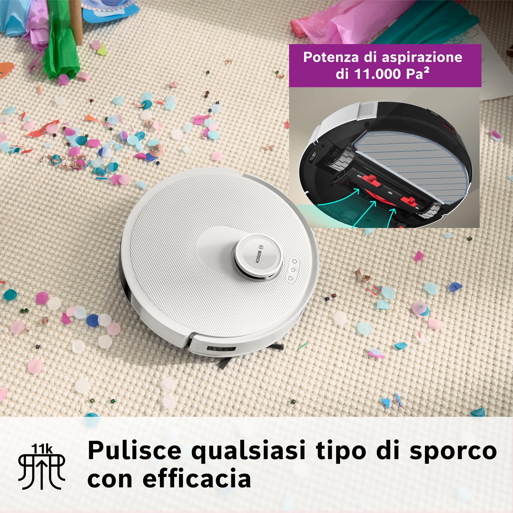 Bosch Spotless+Robot Aspirapolvere e Lavapavimenti,Potenza 11.000Pa,Panno Lavapavimenti Statico,Stazione di ricarica con autosvuotamento,Navigazione Infrarossi Smart Vision,AppBosch HomeConnect,Bianco