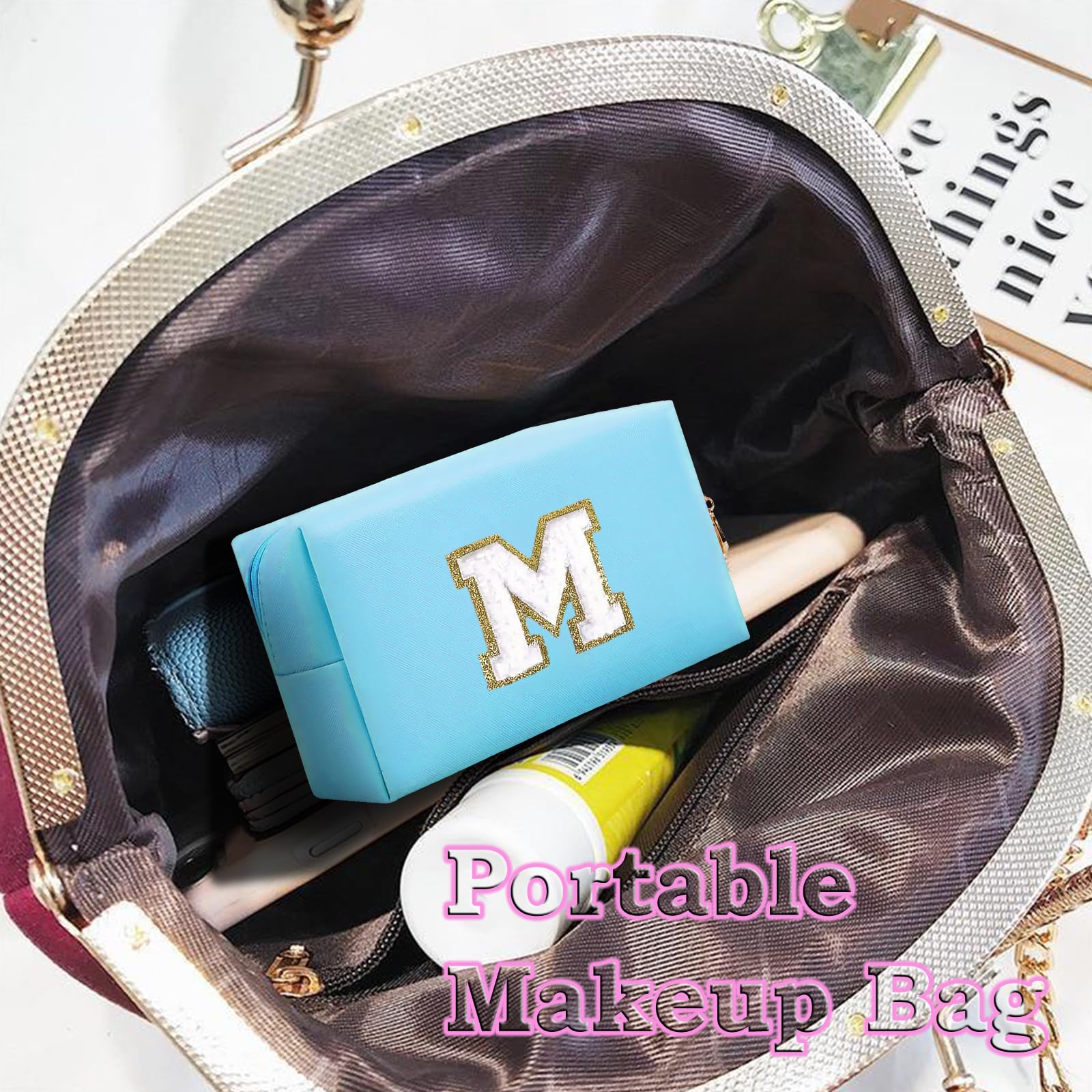 Small Personalized Initial Letter Makeup Bag, Cute Waterproof PU Leather Chenille Letter Cosmetic Bag Travel Makeup Bag, Preppy Makeup Pouch Toiletry Zipper Pouch Organizer for Women and Girls — view 3