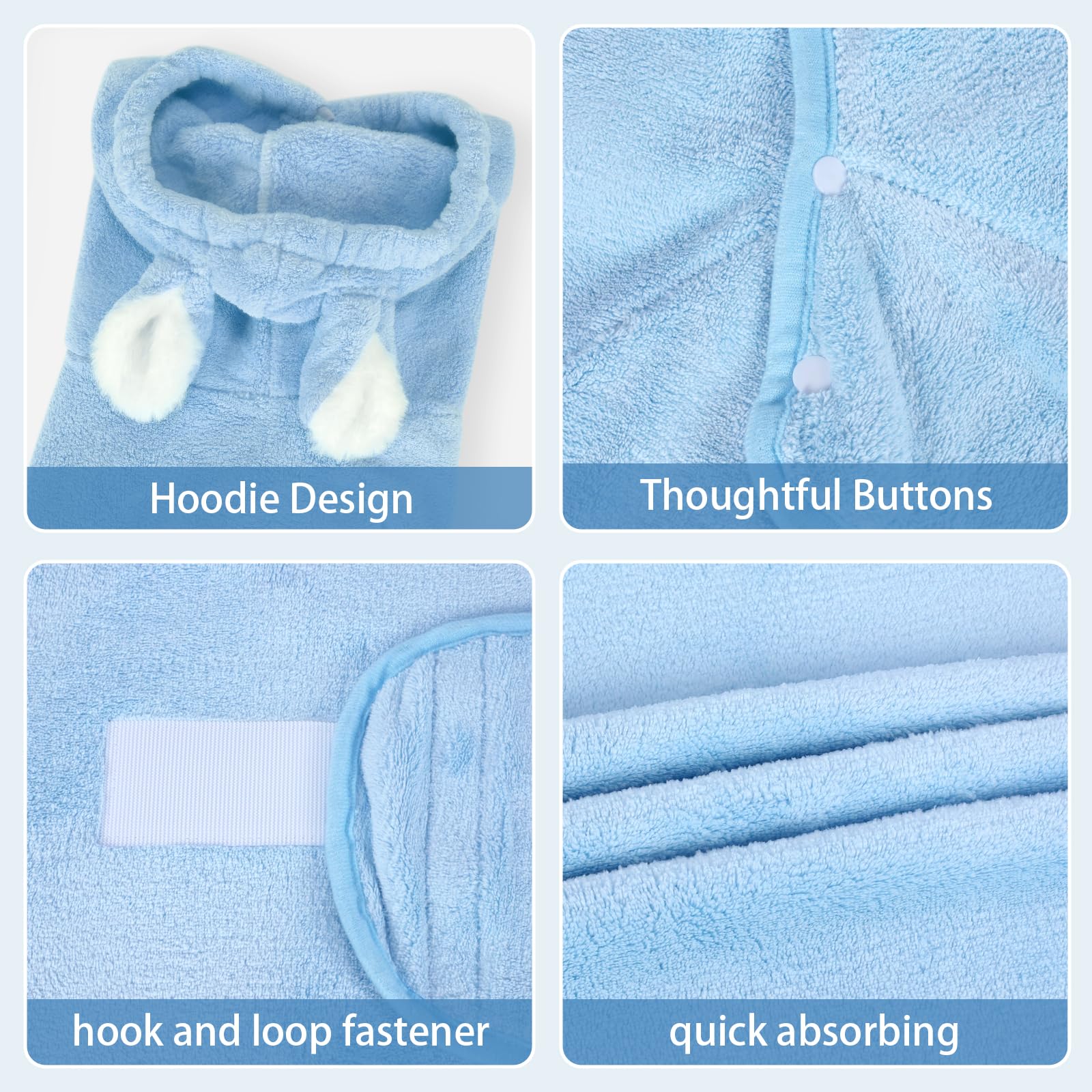 Fnaobai Pet Bathrobe Towel Dog Cat Drying Coat Super Absorbent Cute Dogs Bath Towel Hooded Robe Adjustable Collar & Belly Strap for XSmall to XLarge Pets (Blue - Image 4