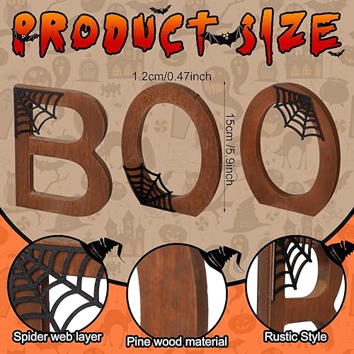 Miniatura 2 de Bucherry 3 piezas de letrero de Halloween Boo decoración de mesa de madera Happy Boo Day para interiores, decoración de bandeja de niveles retro,