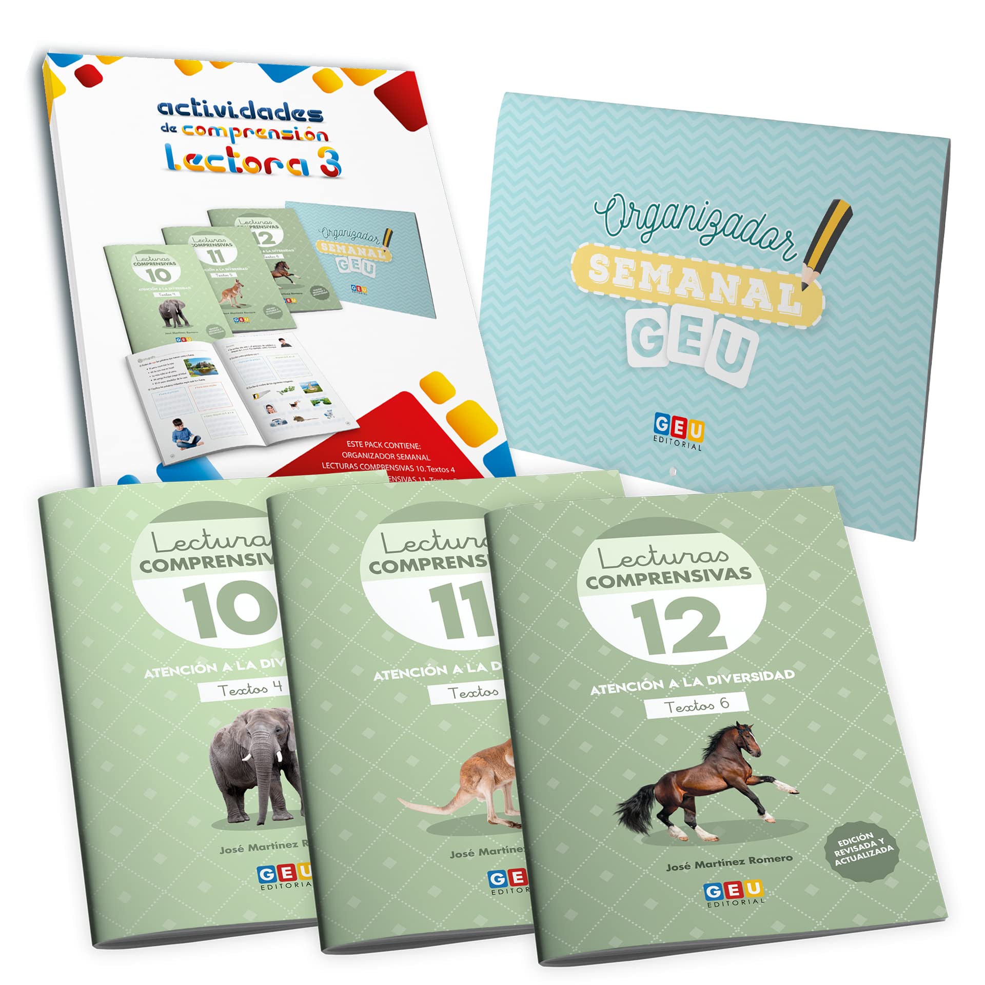 LECTURAS COMPRENSIVAS GEU | Comprensión Lectora 3 Primaria | Pack de Lecturas Comprensivas 10 11 y 12. Incluye Organizador Semanal
