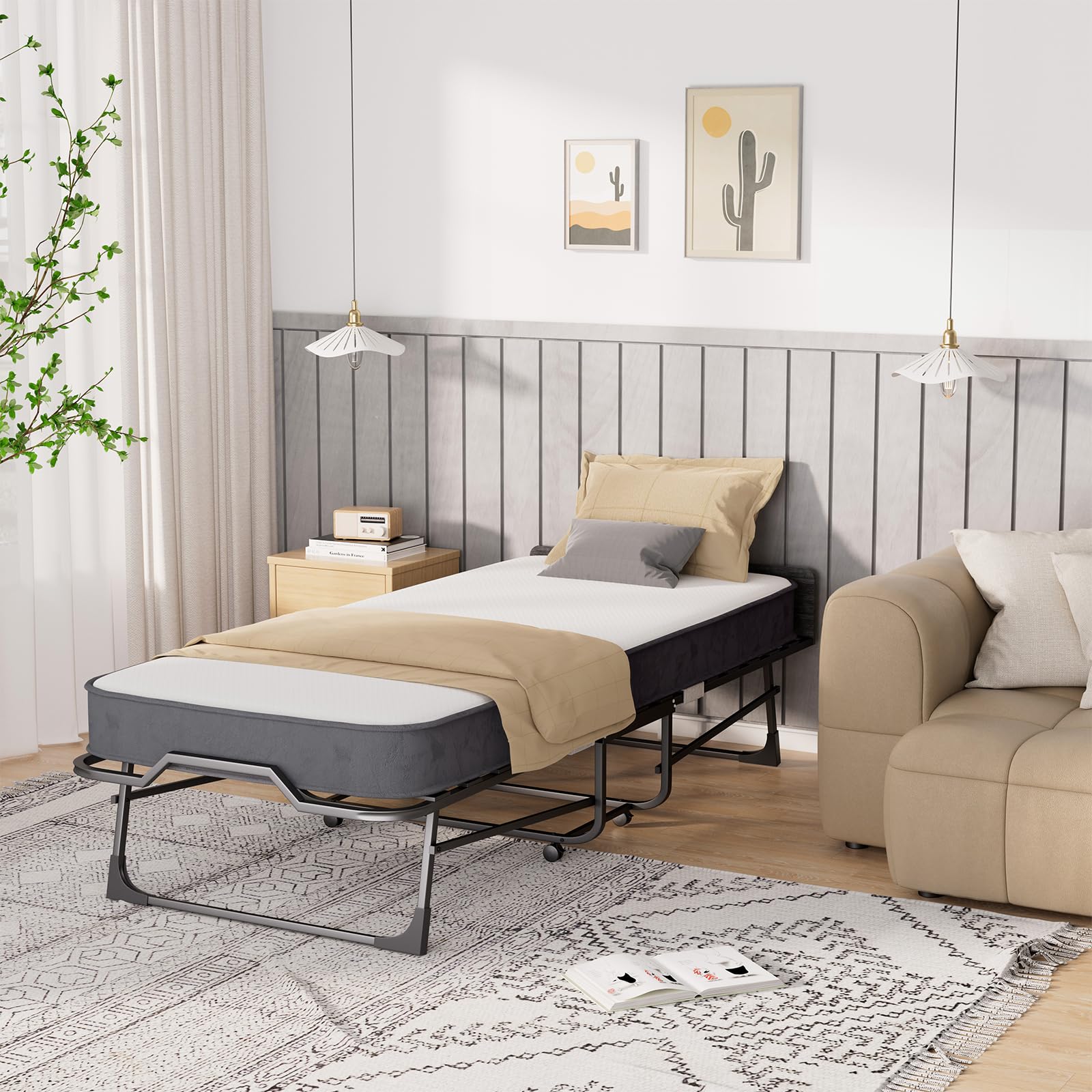 PUREMIND Folding Bed with Mattress for Adults, Cot Size Rollaway Guest Bed with 5" Memory Foam Mattress & Solid Wood Slats, Twin Size Foldable Bed Fold Away Bed with Dustproof Bag & Baffle (Upgrade)