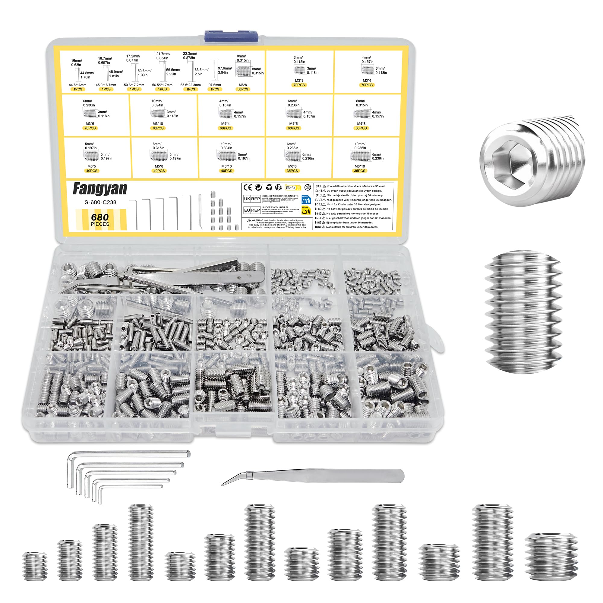 Fangyan 680Pcs M3/M4/M5/M6/M8 Cone Point Grub Screws, Stainless Steel Hex Socket Set Screws with Allen Key & Pick Tool for Machinery Fastening Fixing
