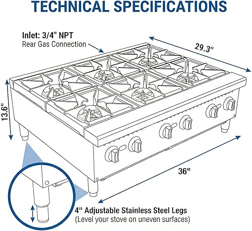 Miniatura 4 de Placa caliente de gas comercial, 36 pulgadas, 6 quemadores, 180,000 BTU, rango de encimera resistente, certificación ETL, acero inoxidable de alto