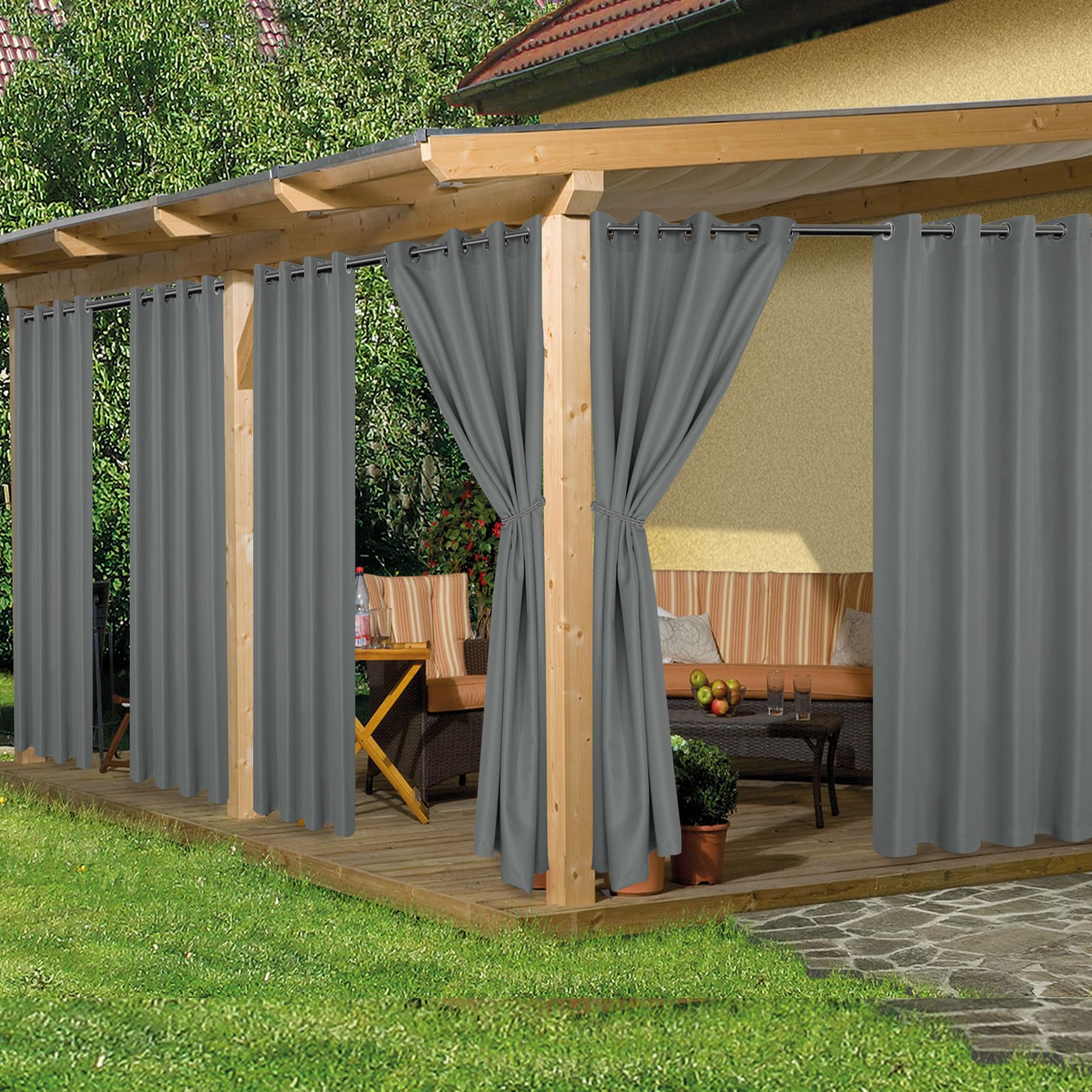 Outdoor Curtains for Patio Waterproof, 8 Panels - 54x84 Inches - Weatherproof Privacy Outsides Curtains for Cabana Porch Pergola, Sunlight & UV Blocking (Grey, Grommet Top)