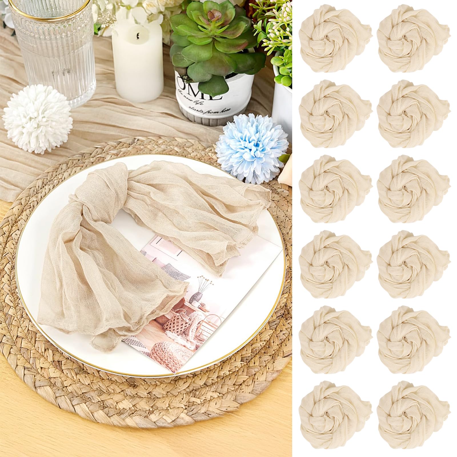 LALAGO 30pcs Serviette en Gaze de Coton Beige 50cm, Serviettes de Table en Tissu Froissé, Vintage Boho Teinté à La Main Coton Carré, Rustiques Bohèmes pour Fêtes, Réceptions, Fêtes de Mariage