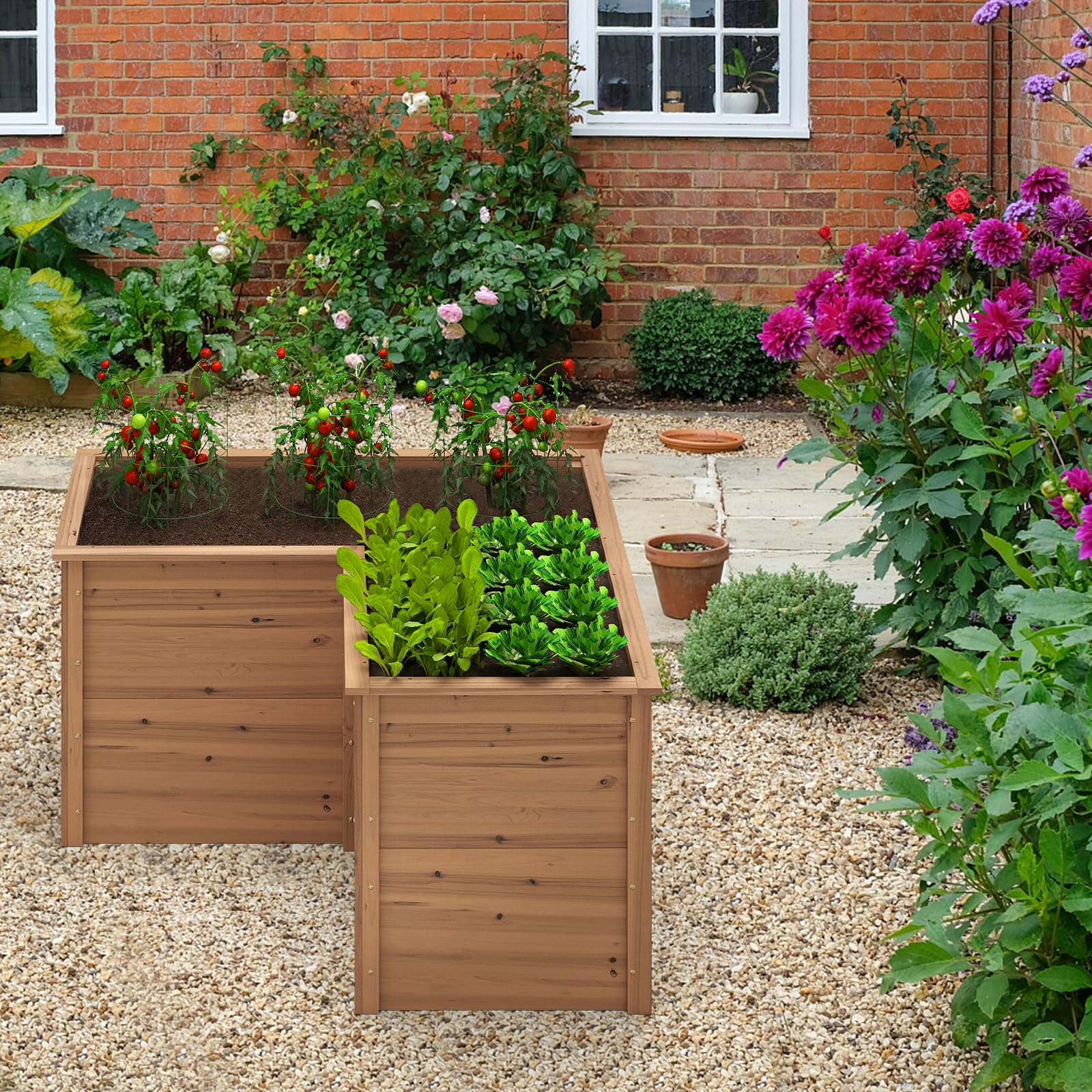 COSTWAY Erhöhtes Hochbeet Holz, Gartenbeet tief, Pflanzkasten mit offenem Boden, für Balkon Garten Terrasse, Pflanzenbeet L-förmig, Kräuterbeet Pflanzkasten, Tannenholz, 120 x 120 x 63 cm (Braun)