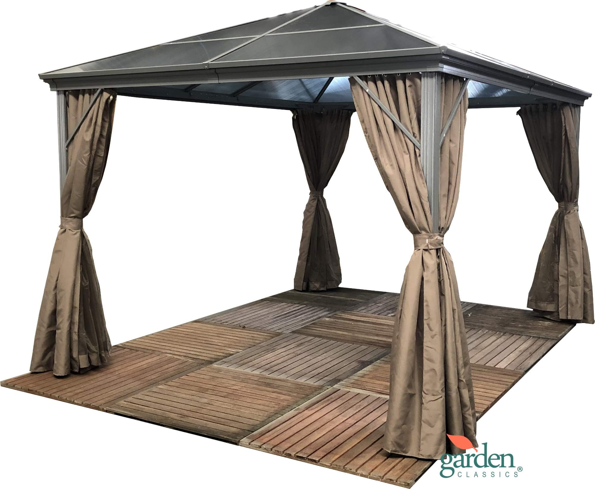 Luxury Swanbourne garden party Gazebo Hardtop Smoked Polycarbonate roof, 3.6m x 3m, privacy sides & mosquito nets, Suitable for Hot tubs.
