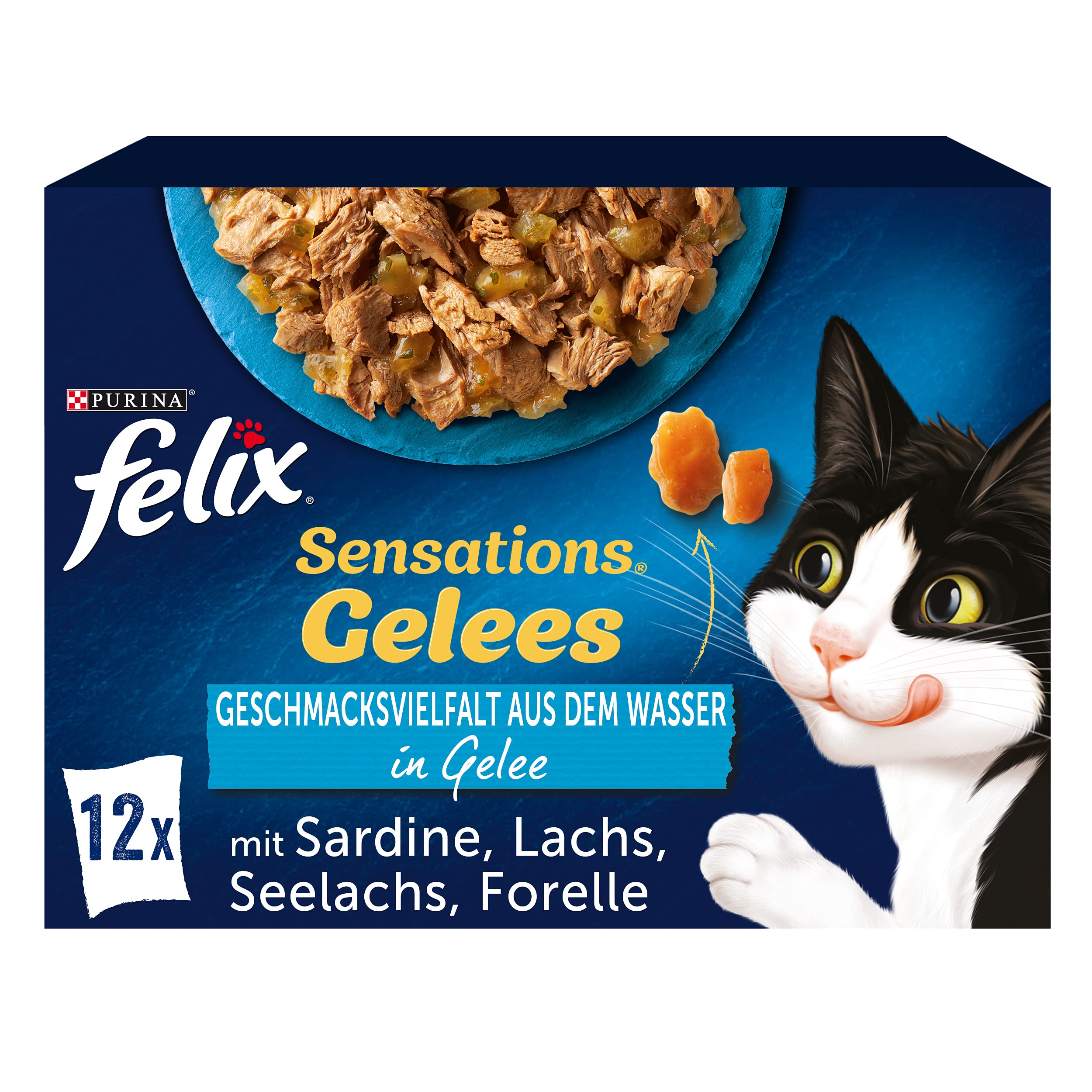 FELIX Sensations Jalees Comida para Gatos húmeda en gelatina, Mezcla de Pescado, 6 Unidades (6 x 12 Bolsas de 85 g)