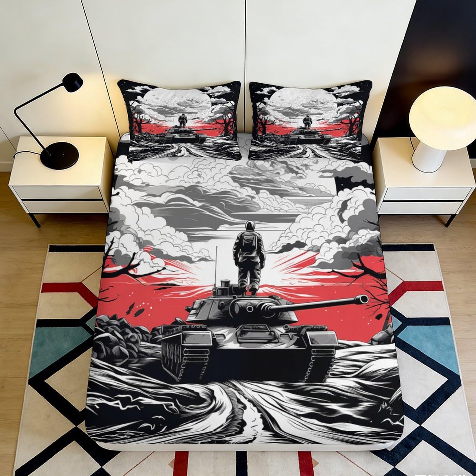 3D Printed War Tank Battlefield Fitted Sheet Microfiber Soft Breathable Soldier Landscape Mattress Cover for Bedroom Decor 90x200x25cm