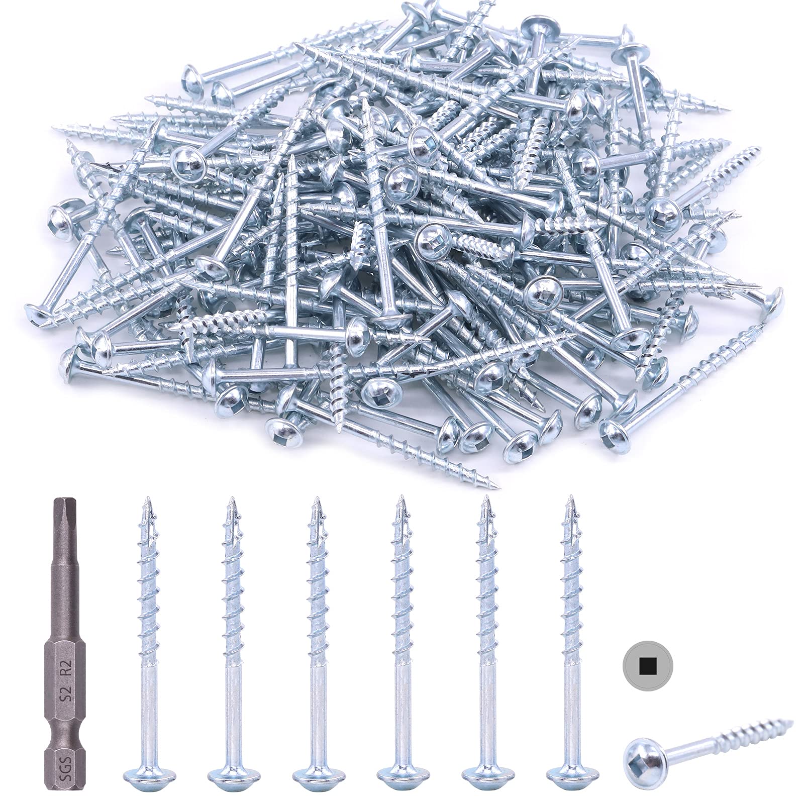 Hilitchi #8 Alloy Steel Zinc Pocket Hole Screws Weather Resistant Square Drive Screw Wood Screws with Square Drive (2 Inch Coarse Thread-280PCS)