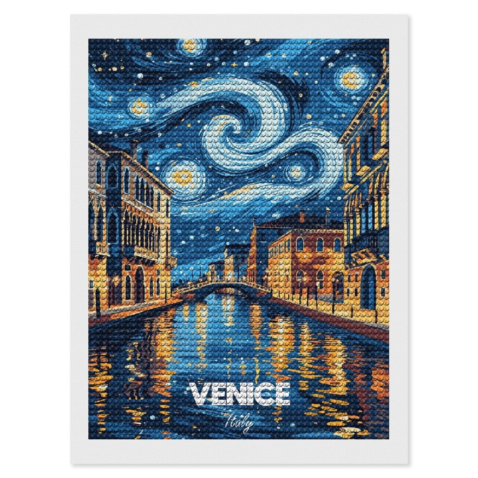 Junmoney Venice Italy Starry Night Art DIY Diamond Art Canvas Kit 12"x16", Simple to Start, Fun Craft Experience, Modern Decor, Gift Idea, Adhesive Canvas