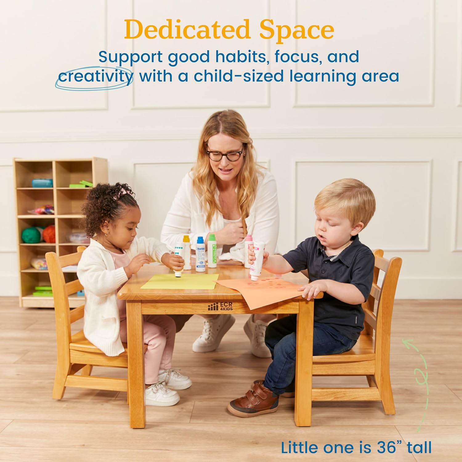 ECR4Kids 24in x 24in Square Hardwood Table with 16in Legs and Two 8in Chairs, Kids Furniture, Honey, 3-Piece