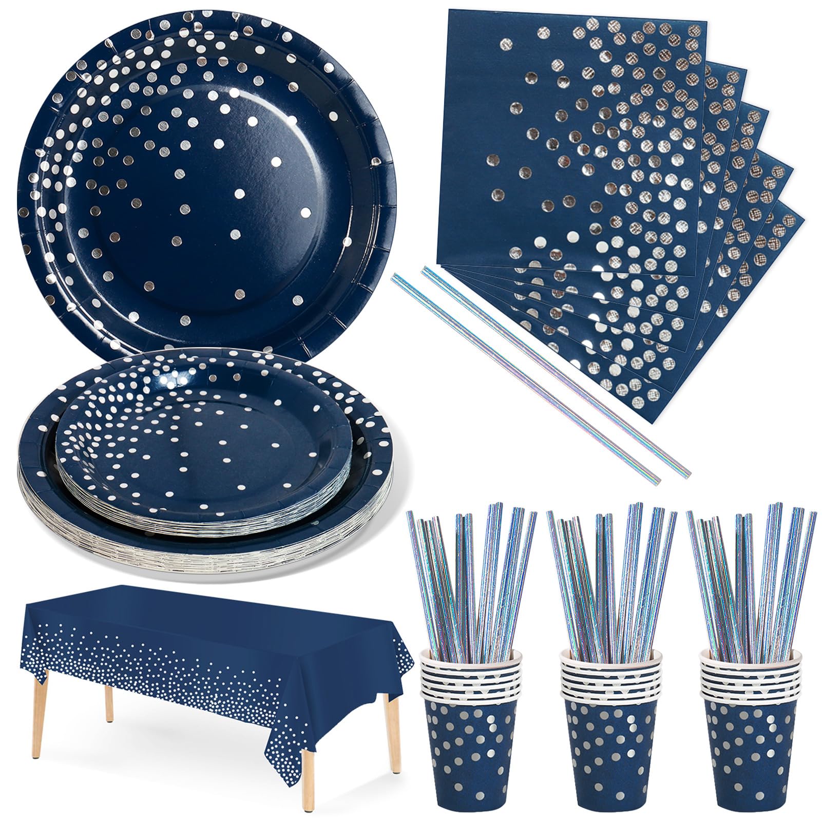 Vajilla de papel azul marino y plata Nkaiso para fiestas y cumpleaños, juego de 126 piezas