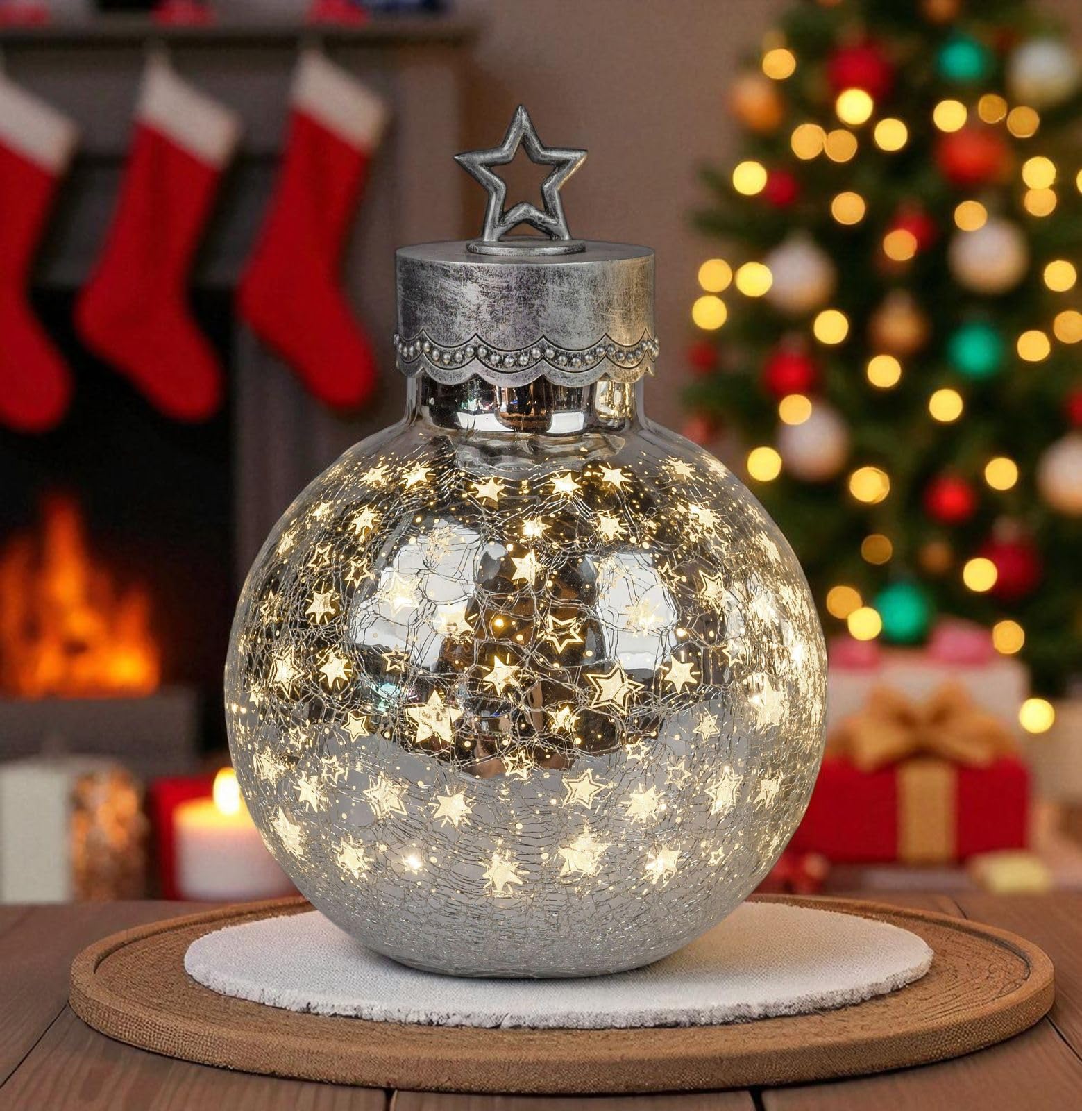 formano LED Deko-Kugel 30cm Silber Sterne Glaskugel mit Timer 6h/18h beleuchtet - Batteriebetrieben - Herbst Winter Weihnachtsdeko für Tisch Regal Fensterbank