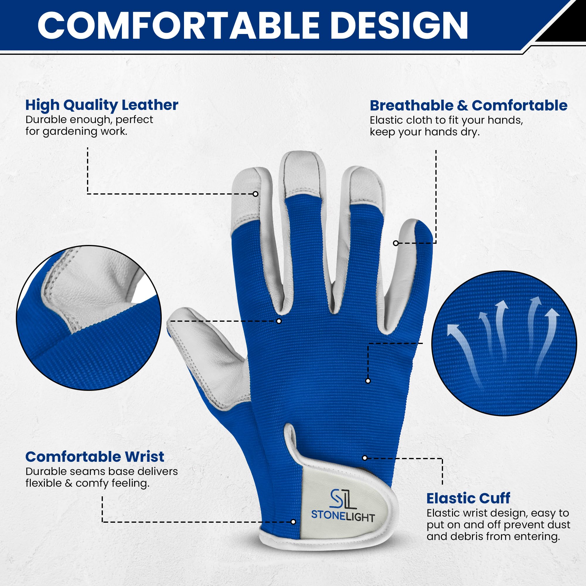 STONELIGHT Unisex Gardening Gloves Made with Leather & Spandex - Image 3