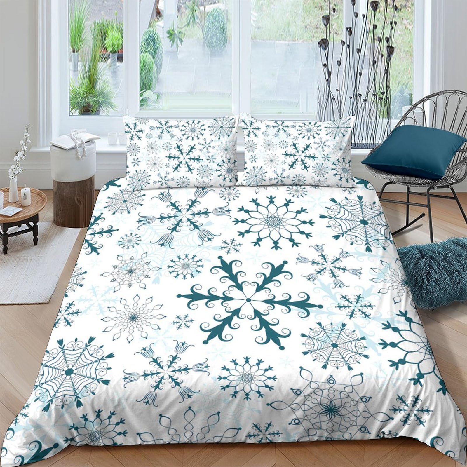 GPLZQXKJNH 3D Printed Snowflake Duvet Cover Set Microfiber Soft Winter Frost Quilt Cover with 2 Pillowcases for Bedroom Decor Single（135x200cm）