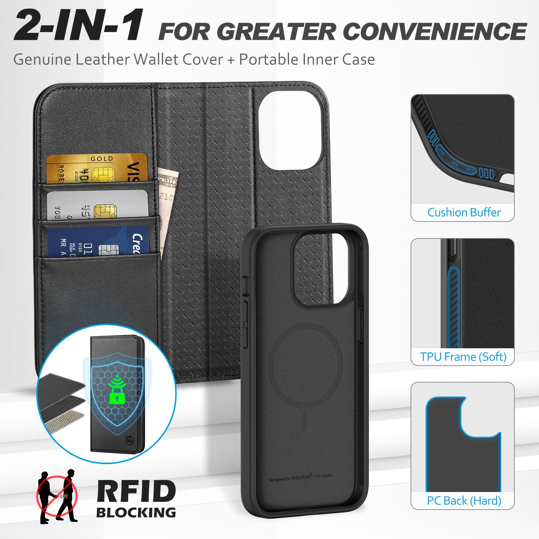 SHIELDON Rindsleder Hülle für iPhone 15 6,1" 2023 5G, Schwarz
