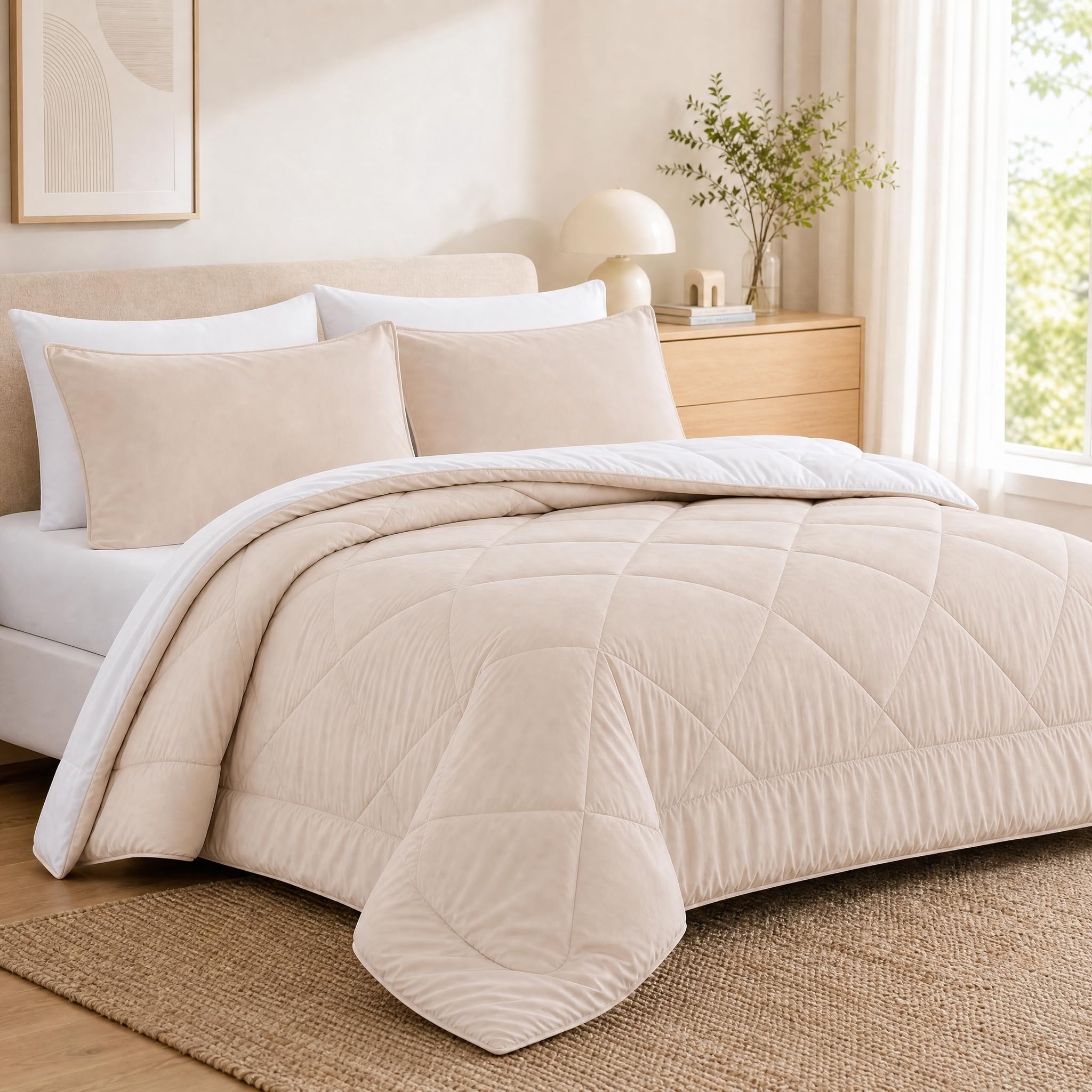 VelvetMis Coverless Duvet Double 10.5 Tog - 200x 200cm, Beige And White Quilt, Reversible Comforter with 2 Pillowcases โ image 1