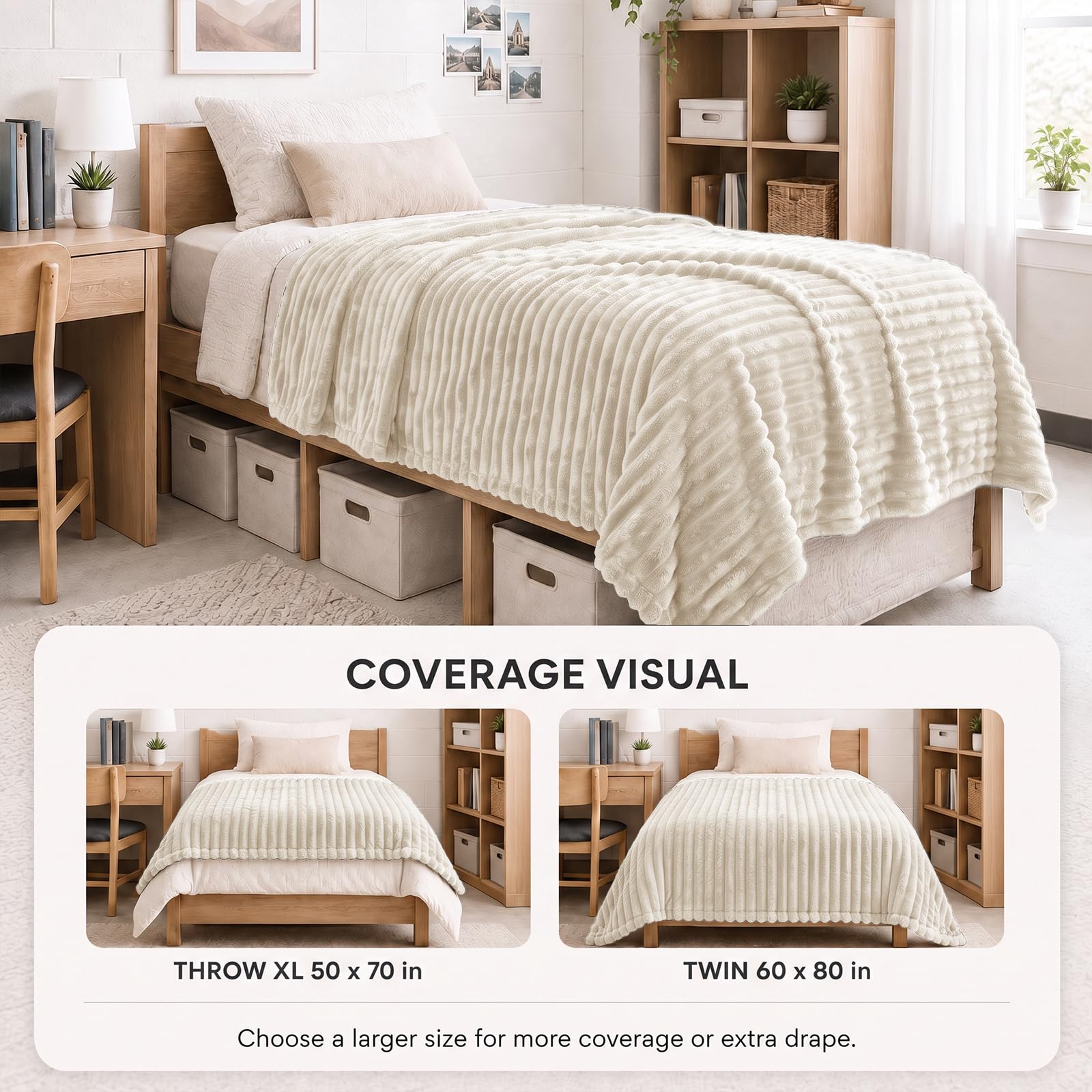HIMEET Beige Twin Blanket for Bed, 300GSM Ribbed Fleece, 60 x 80 Inches view 3
