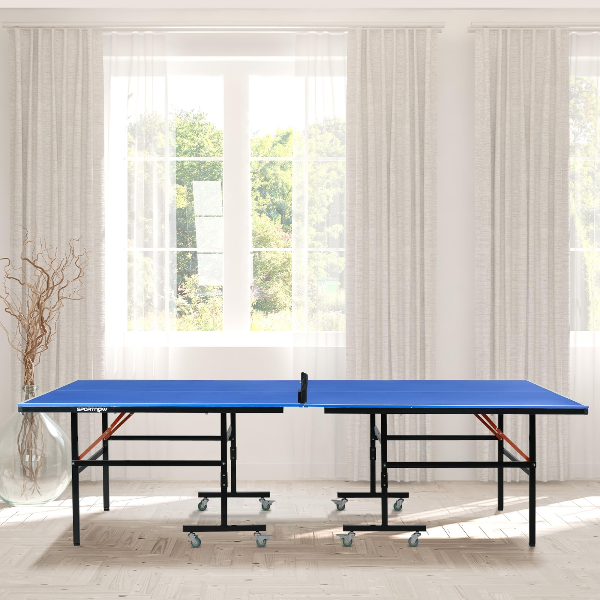 SPORTNOW Table de ping Pong Table de Tennis de Table Pliable Mode Solo compacte avec 2 Raquettes 3 balles Filet de Jeu 8 roulettes pour intérieur et extérieur dim. 274L x 152,5l x 76H cm Bleu