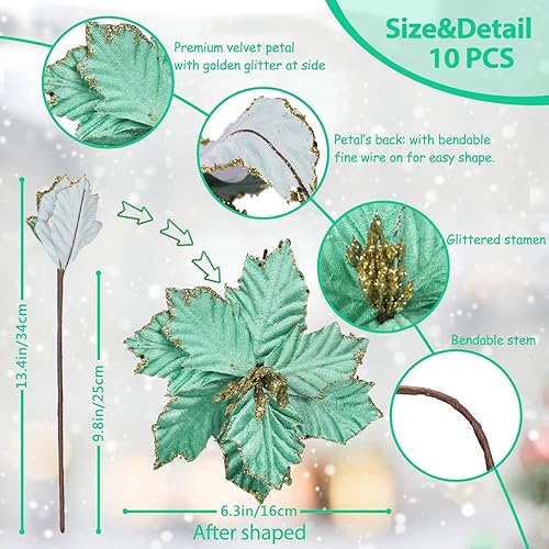 Miniatura 3 de Cekene 10 flores de Pascua artificiales de Navidad, flores de pascua azules con purpurina y tallo para árbol de Navidad sintético, decoración de