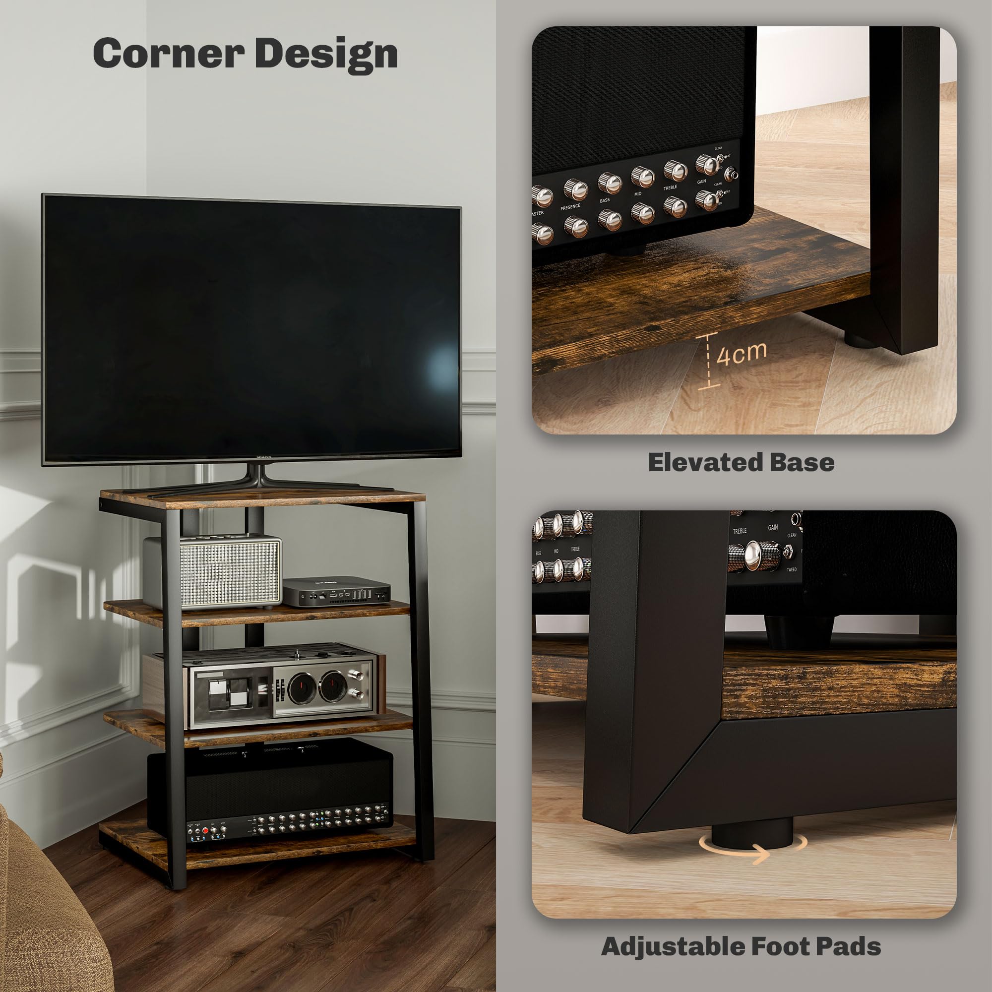 HOMCOM Soporte HiFi, Estante de Almacenamiento Multimedia de 4 Niveles con estantes Ajustables, Estante para regletas de alimentación para Router, Reproductor de Discos, Impresora, Soporte de TV