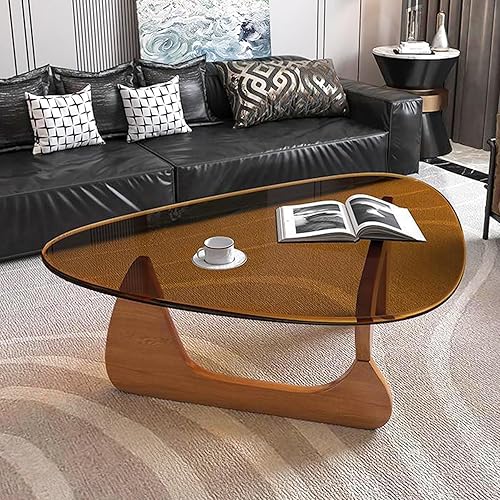 Mesa auxiliar triangular con base de madera, tapa de vidrio transparente, mesa auxiliar abstracta para sala de estar, oficina (grande, 45 x 32.3 x