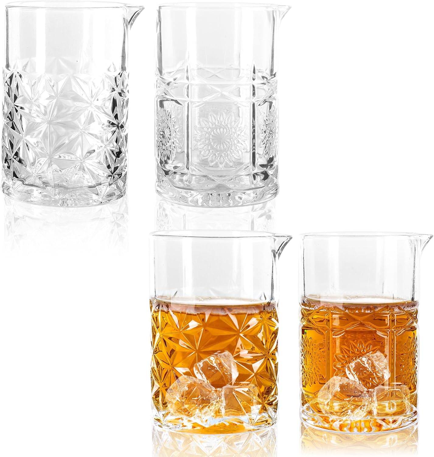 4 pcs 24 Oz(700ml) Cocktail Mixing Glass Stirring Glasses Cocktail Shaker Glass for Whiskey and Martini Old Fashioned Crystal mixing Glass Set (Ice Flowers and Vintage Czech print)