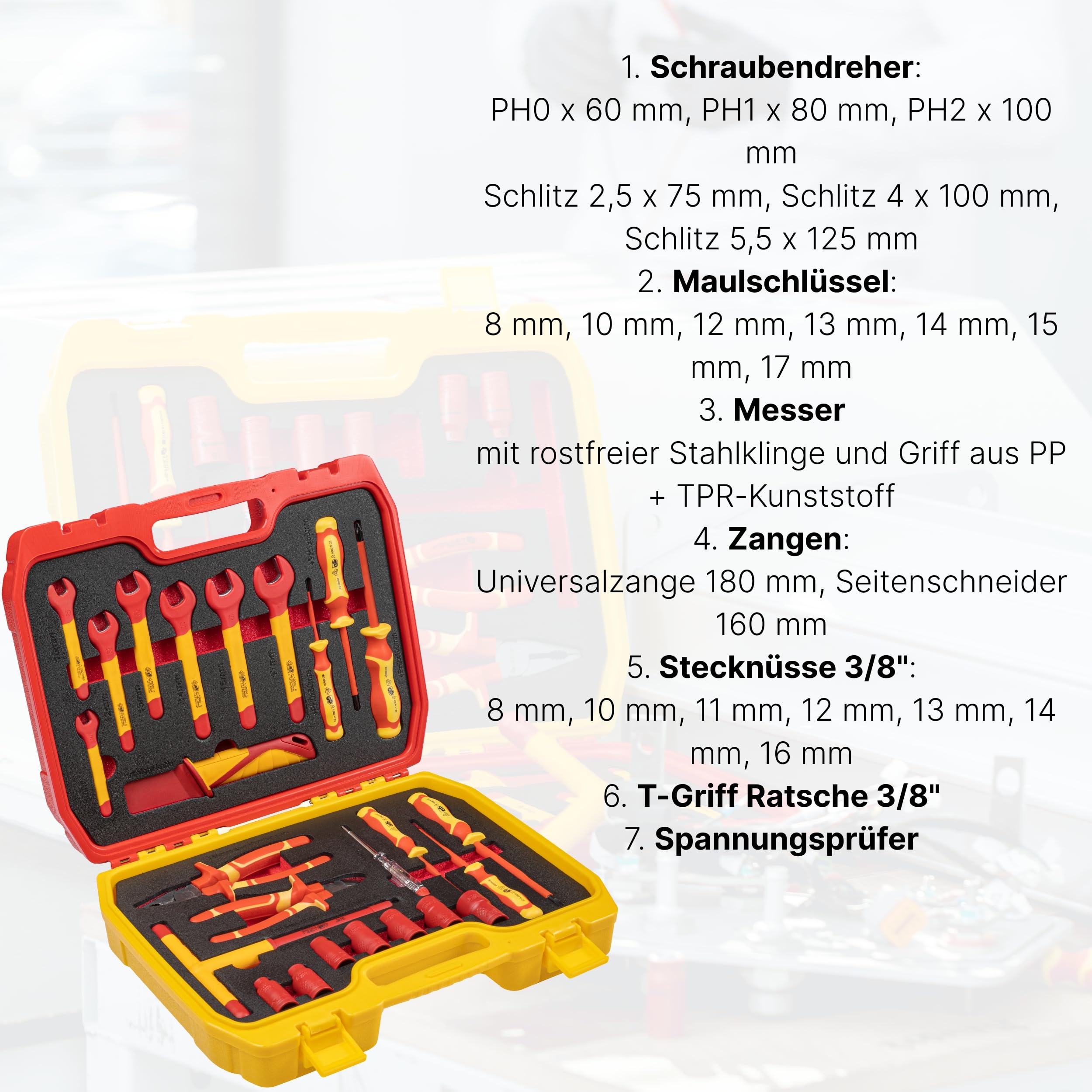 HÖGERT TECHNIK Set di 25 attrezzi elettricisti isolati da 1000 V, cacciavite a fessura e croce, pinze, test di tensione, valigetta in plastica