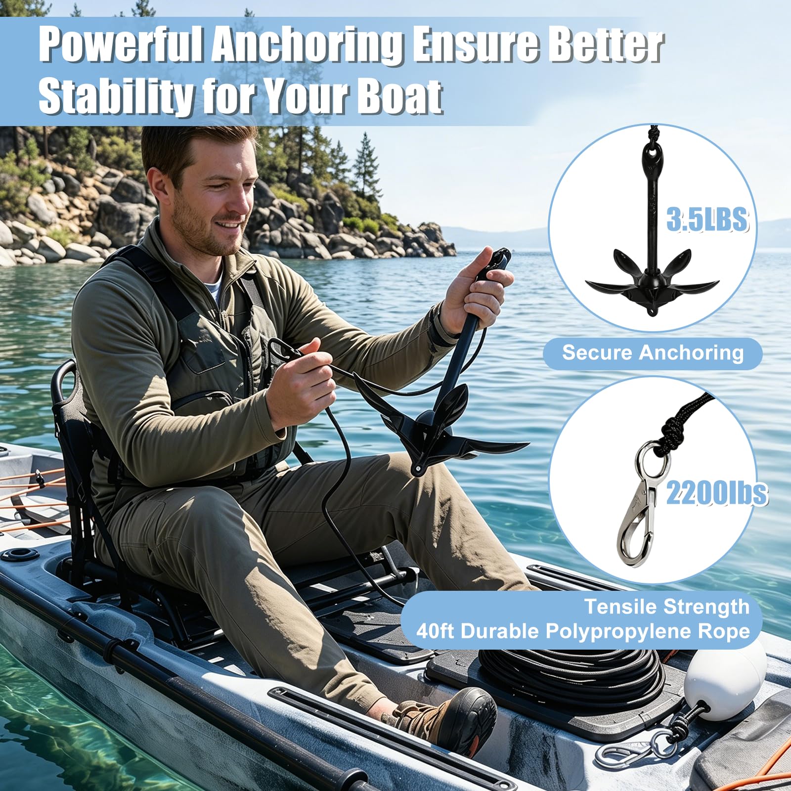 Faltklappanker für Kajak Boot, Klappanker mit Ankerleine, Karabiner Boje, Bootsanker Set mit Aufbewahrungstasche Ideal für SUP, Schlauchboot, Jetski & Kanu Zubehör