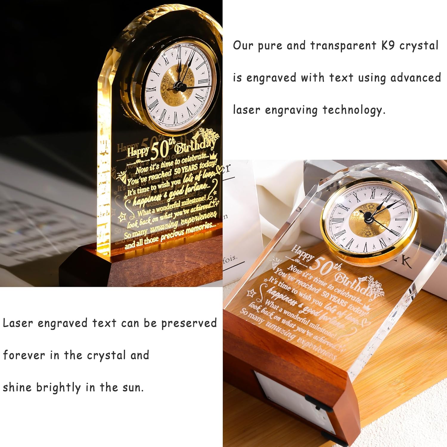 Ornalrist Happy 50th Birthday Crystal Clock Gifts for Men Women, 50 Year Old Birthday Present for Her, Him, 50th Birthday Keepsake for Couple, Quartz Clock with Wooden LED Light Base - Image 2