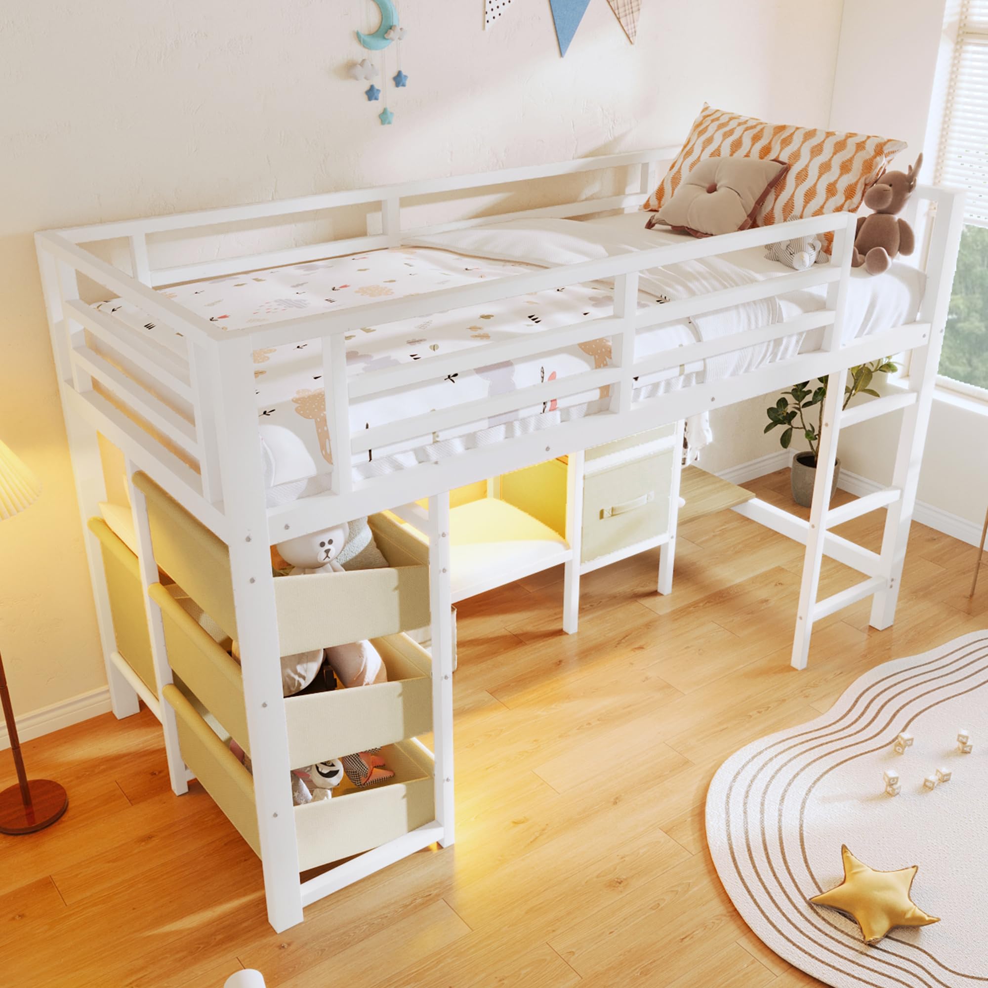 Lit enfant 90x200 avec LED,coussin d'assise,tiroir de rangement en tissu,sac de rangement en tissu,espace patère,lit mezzanine enfant en métal,cadre de lit mi hauteur 90x200 avec sommier (A-Blanc)