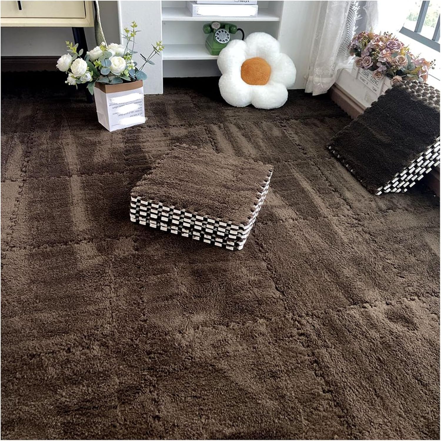 JvFbjLF Soft Plush Interlocking Floor Mats 12x12inch Puzzle Carpet Squares Fluffy Foam Floor Tiles With Border(Dark Brown)