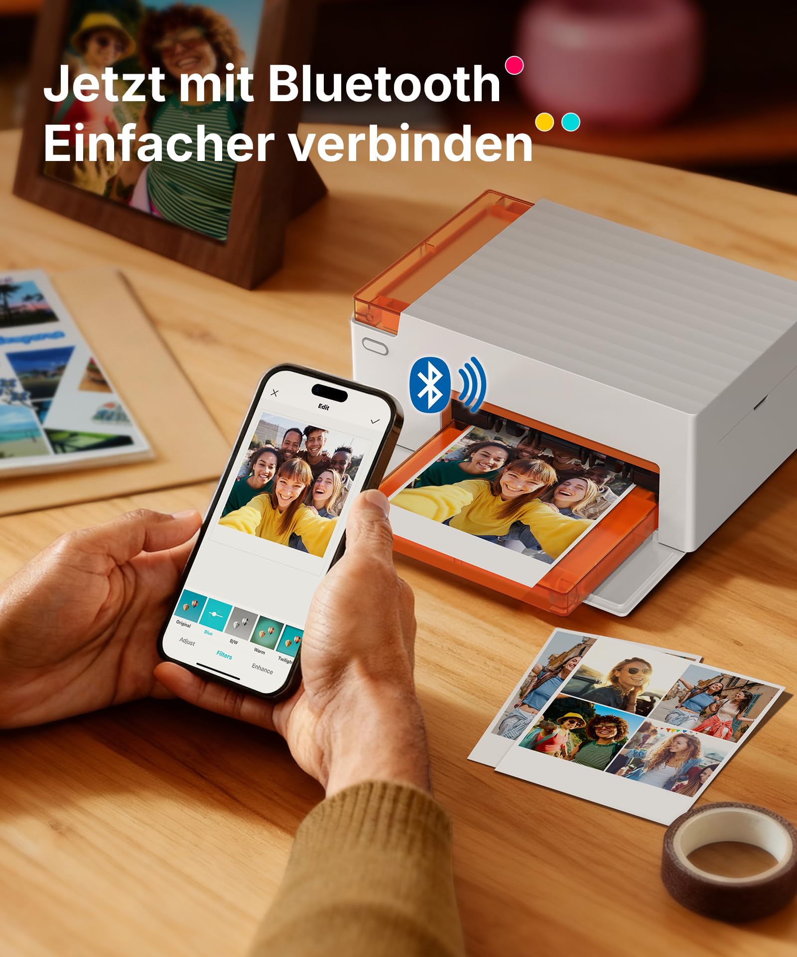 Liene Amber M110 Mini Fotodrucker für Smartphone – inkl. 60 Blatt 10x15 cm Fotopapier + 60 Blatt 7,7 cm selbstklebende Fotos (20+40) + 2 Farbbänder – Thermosublimation, Bluetooth, für iPhone & Android