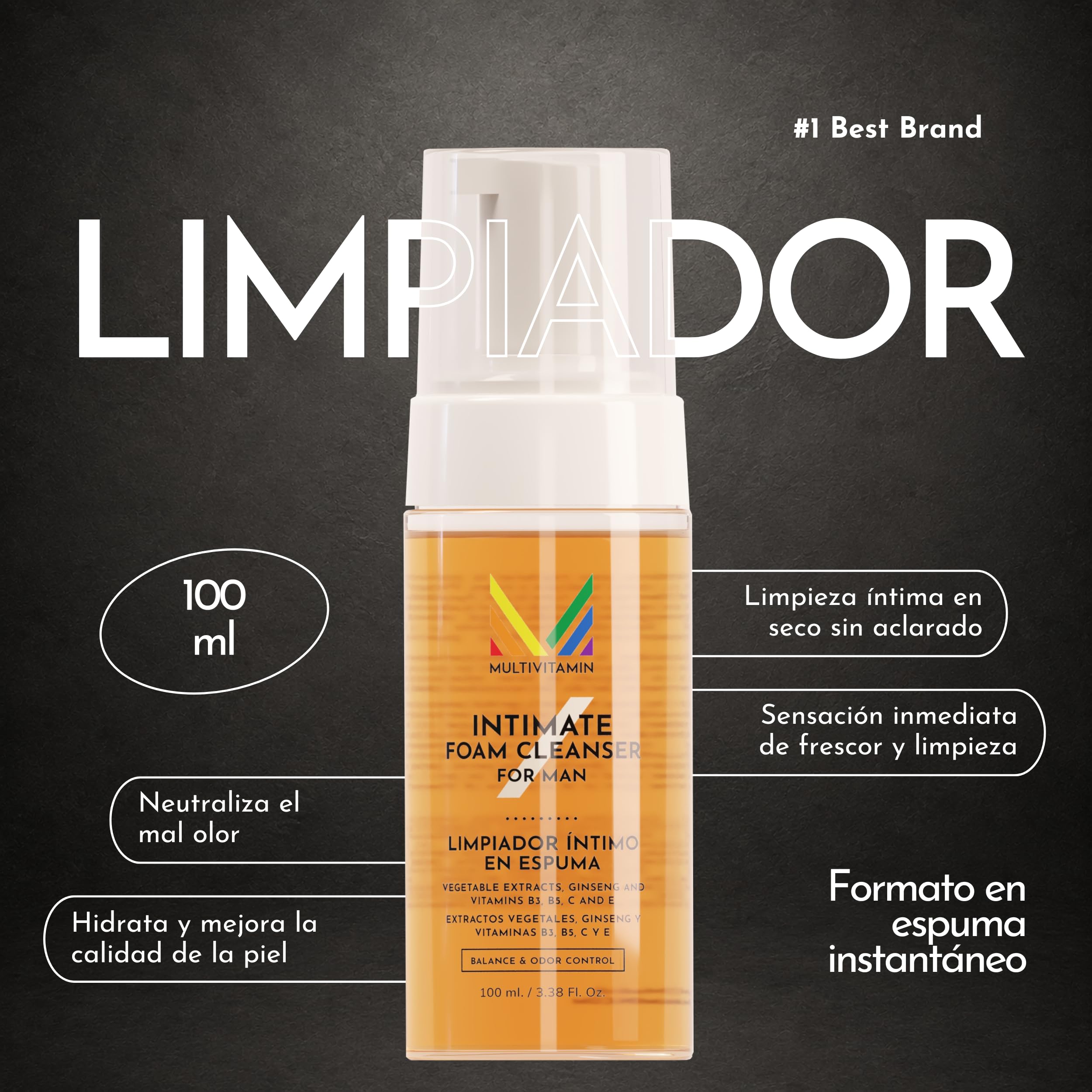 Gel Intimo Para Pene y Testículos, 100 ml | Limpiador Genital Formato Espuma Sin Aclarado | Jabón Intimo Para Hombre Con Acción Calmante | Apto Para Piel Sensible | Fabricado en España - Multivitamin
