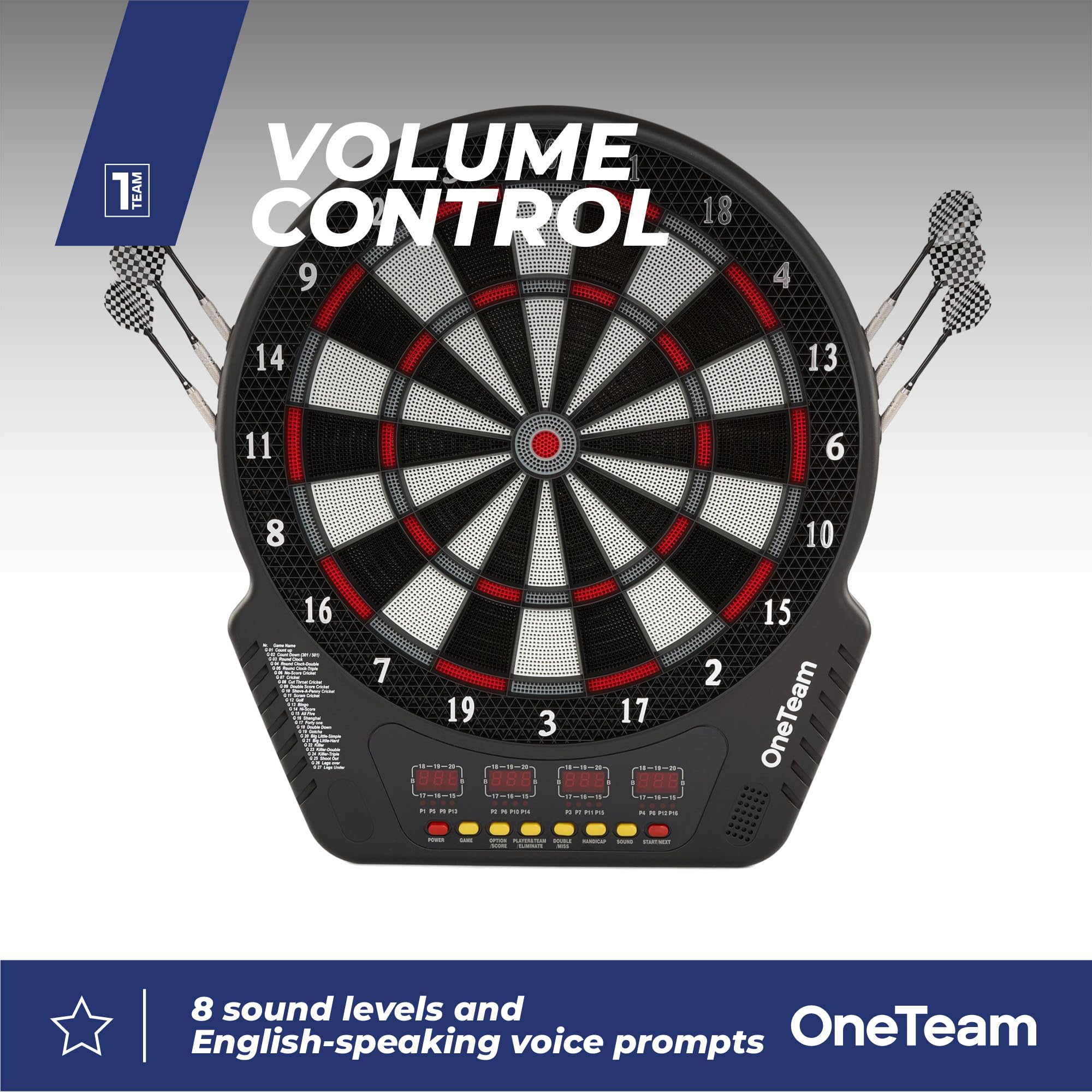 OneTeam TargetJoy Bersaglio elettronico da 35 cm, 27 giochi/243 varianti, 4 indicatori LED, 16 giocatori, funzionamento a rete/batteria, 24 punte per freccette, Master in/out, modalità audio