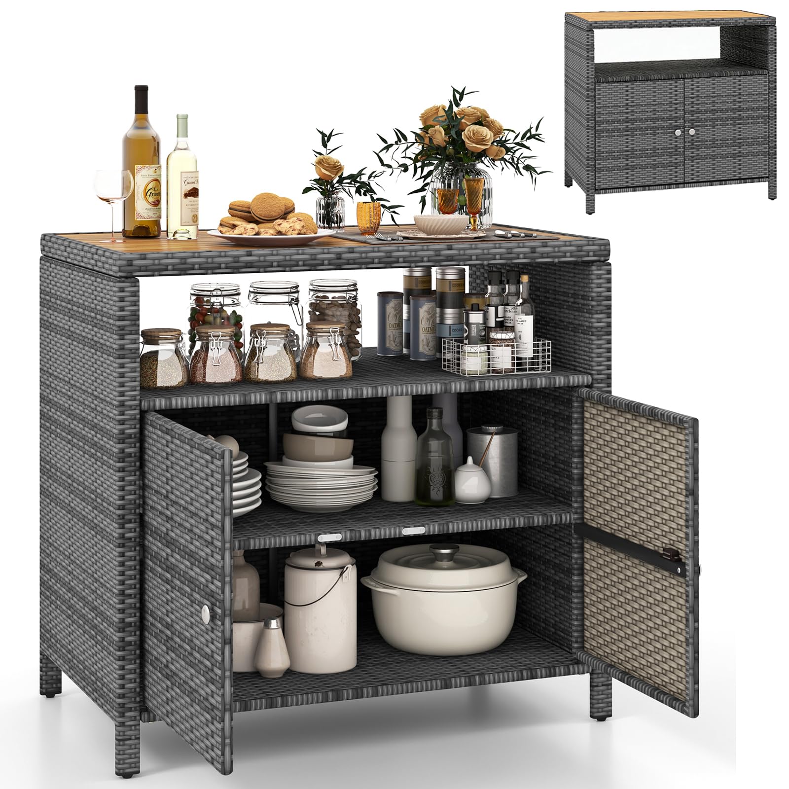 GYMAX Gartenschrank Rattan Terrassenschrank Doppeltür Akazienholz Arbeitsplatte offenes Regal Outdoor Aufbewahrungsschrank 90x53x86 cm Grau