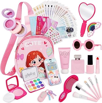 Kids Fake Makeup Set for Girls, Pretend Makeup Kit with Handbag, Toy Phone, Keys, Credit Cards & Accessories, Princess Role Play Toys, Birthday Gifts for Girls Age 3-12