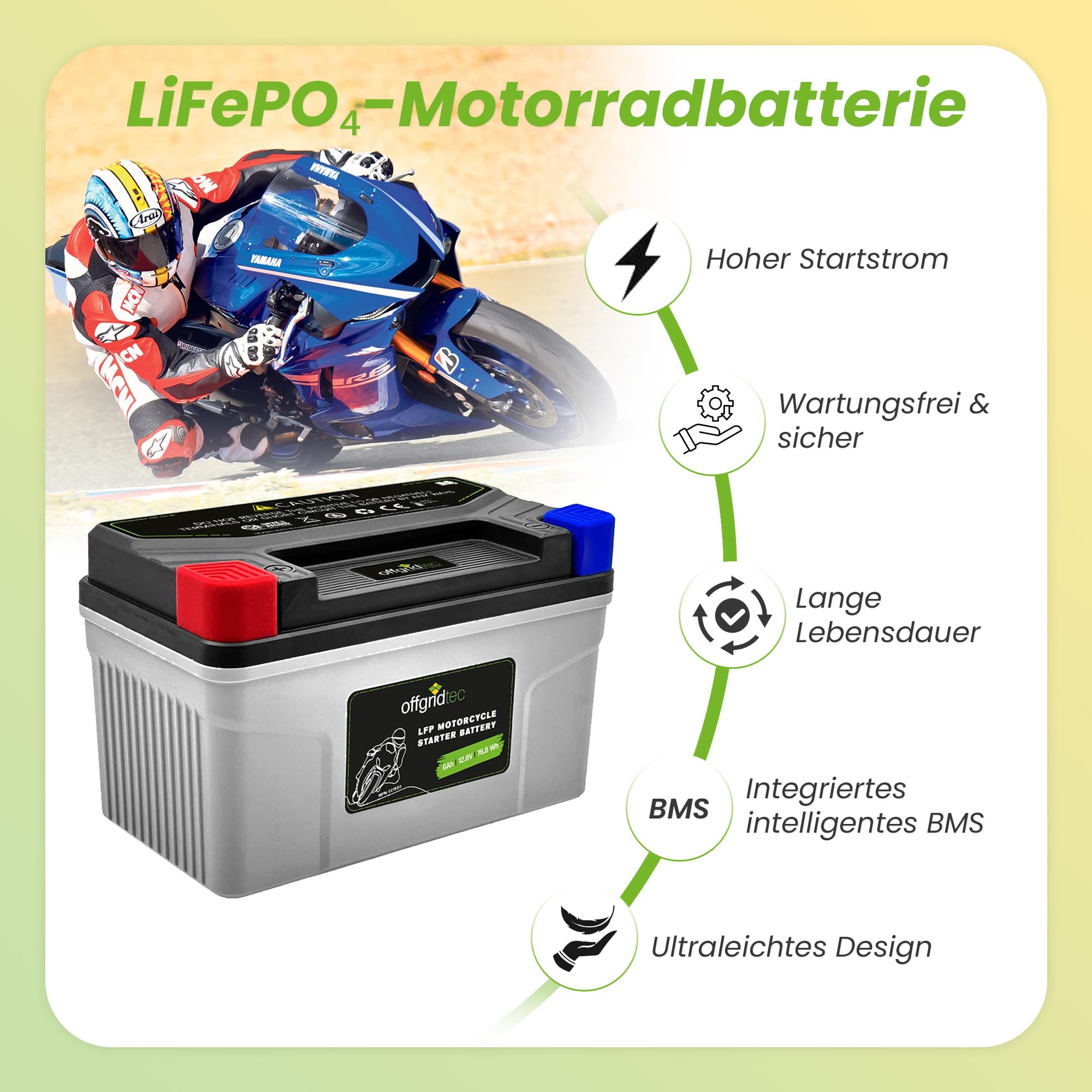 Offgridtec Motorradbatterie LiFePO4 12,8V 6Ah – Lithium Starterbatterie Motorrad, Ersatz für YTX7A-BS, YTZ10S, UTZ10S