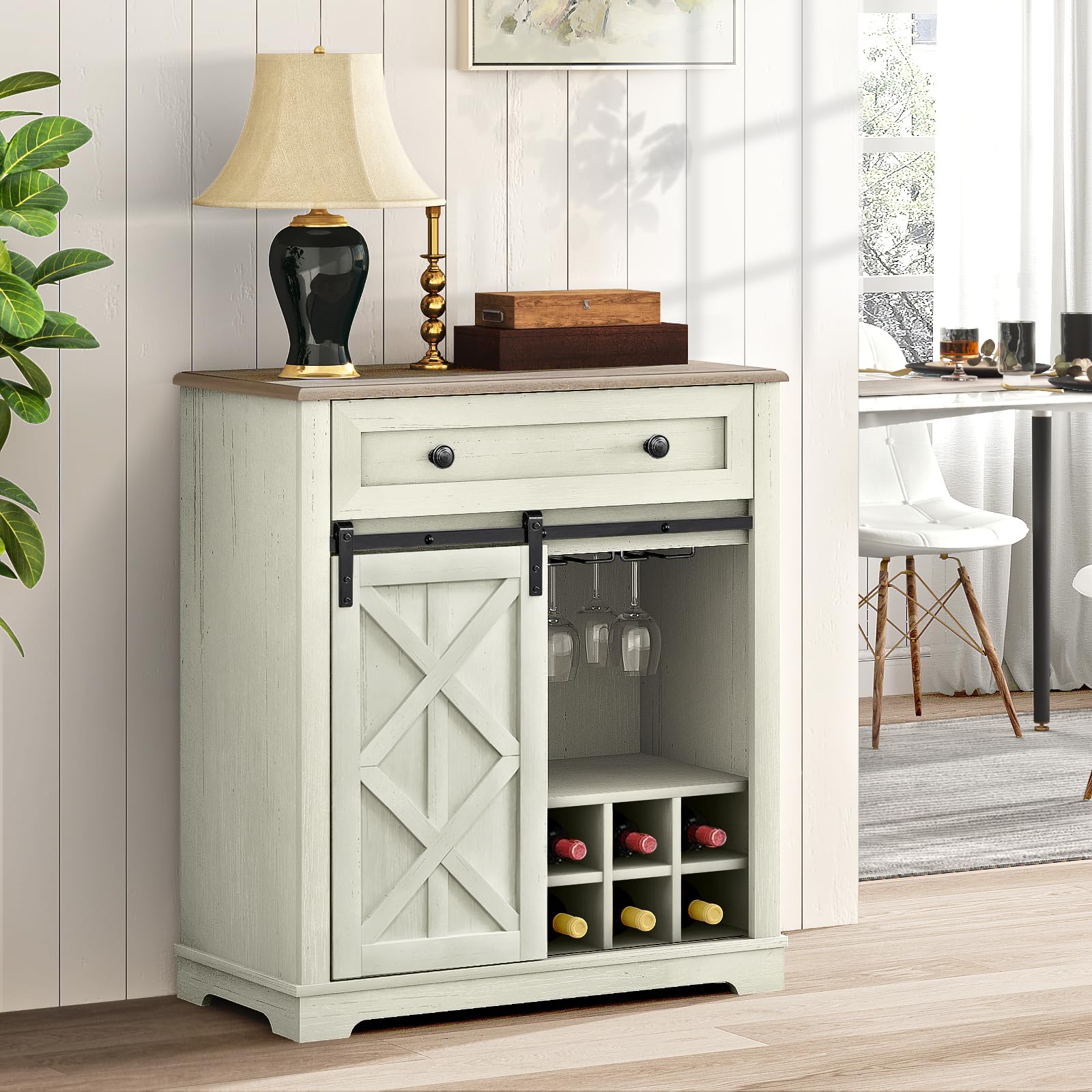 LIVILAND Farmhouse 32 Inch Wine Cabinet with Storage, Rustic Liquor Cabinet with Rack and Sliding Barn Door, Coffee Bar Table for Kitchen, Living Room