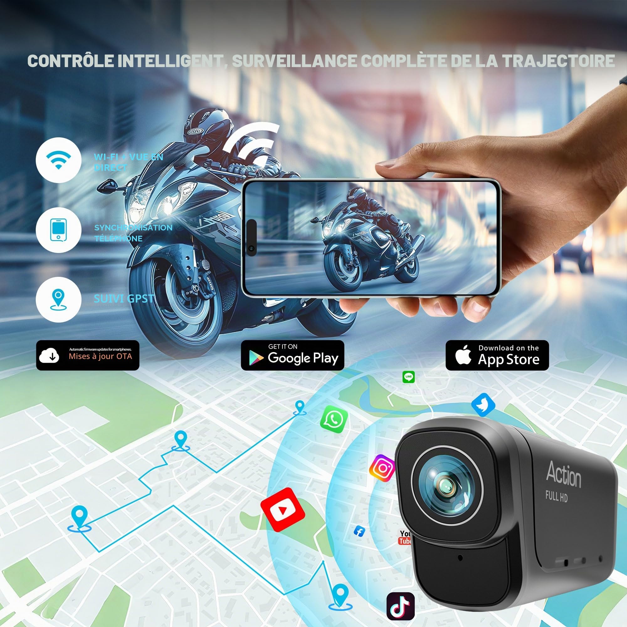 Camera Moto 4K+1080P,WiFi Caméra de Moto Avant et Arriere