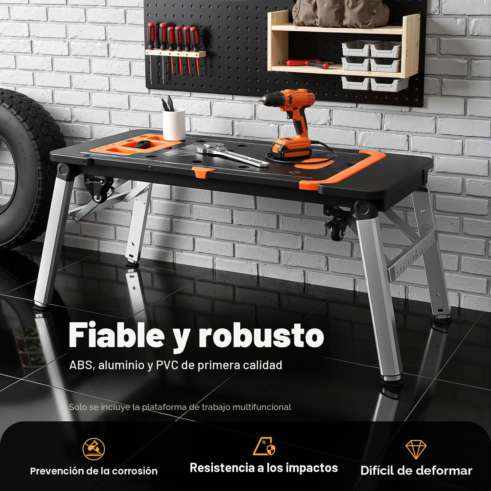 Banco de Trabajo Plegable 7 en 1 Portátil, Plataforma de Trabajo Multifuncional con Capacidad de Carga 150-250kg, Workbench Plegable con Carro de Mano y Tabla de Rodillos, 1090x550mm